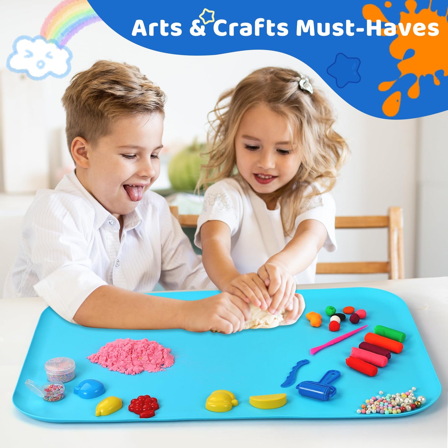 AtMini Silicone Craft Mats for Kids 24"x16"– with Raised Lip & Non-Slip | Reusable Silicone Art Mat for Play Sand, Painting, DIY Crafts | Durable Design (Blue)