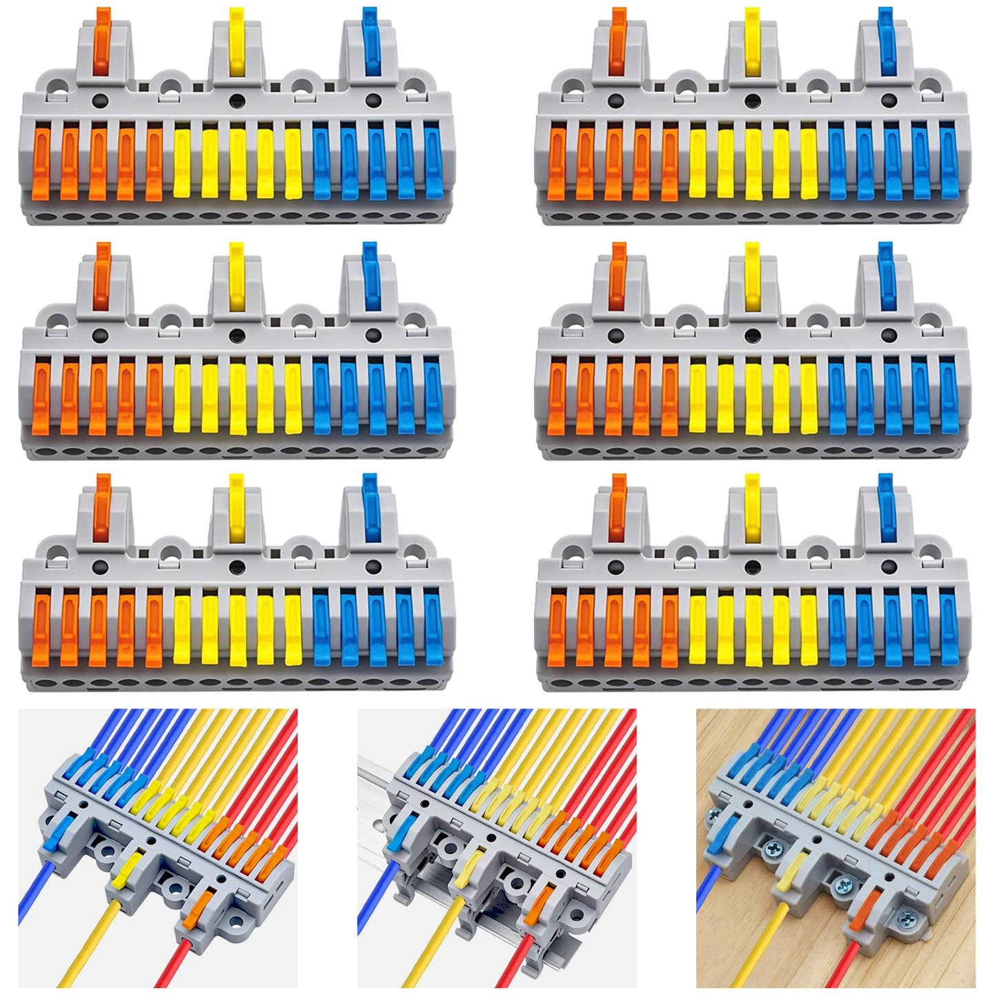 CESFONJER 3-in-15-out Terminal Block Kit (6 Sets), High-Capacity Lever Wire Connectors, Triple Input to Fifteen Output, DIN Rail & Screw Fix, applies to 28-12AWG Cable