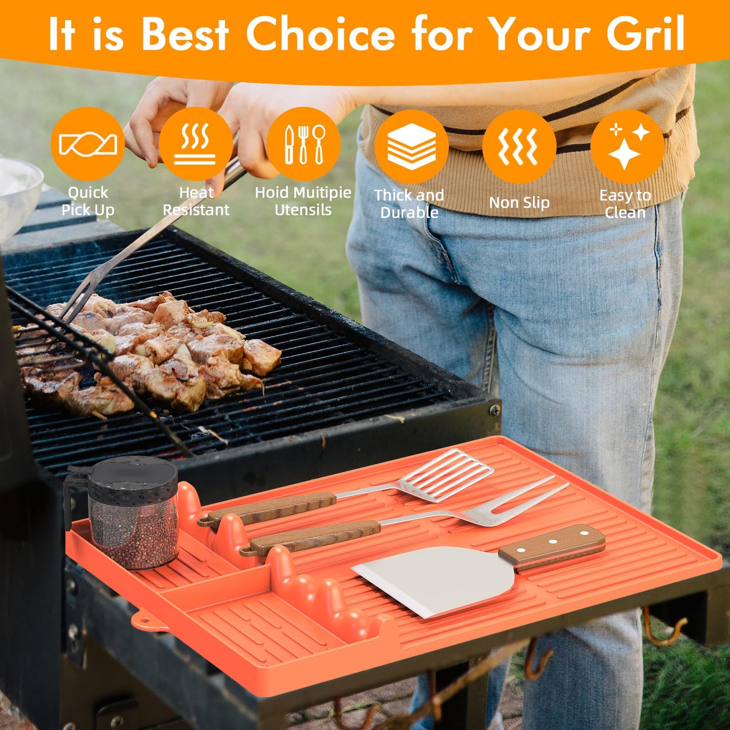 Silicone Griddle Tool Mat Compatible with Blackstone Weber - Flat Top Grill Pellet Smoker Side Shelf Spatula Mat with Drip Pad - Kitchen Cooking BBQ Grilling Accessories - Gift for Men(Orange)