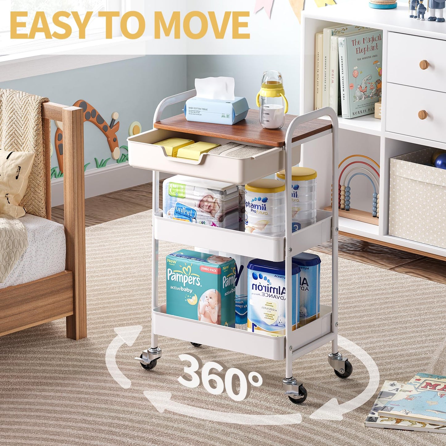 TOOLF 3 Tier Metal Utility Rolling Cart - White Storage Cart with Drawer and Wooden Table Top, Trolley Kitchen Organizer Rolling Desk with Locking Wheels for Office, Classroom, Home, Bedroom