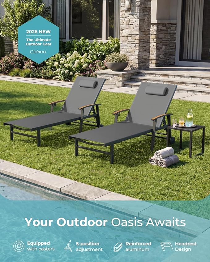 Ciokea Outdoor Lounge Chair with Pillow, 5-Position Aluminum Chaise Lounge with Wheels & Armrests, 400 lbs Heavy Duty Patio Pool Chair for Deck, Backyard, Beach & Poolside, Grey