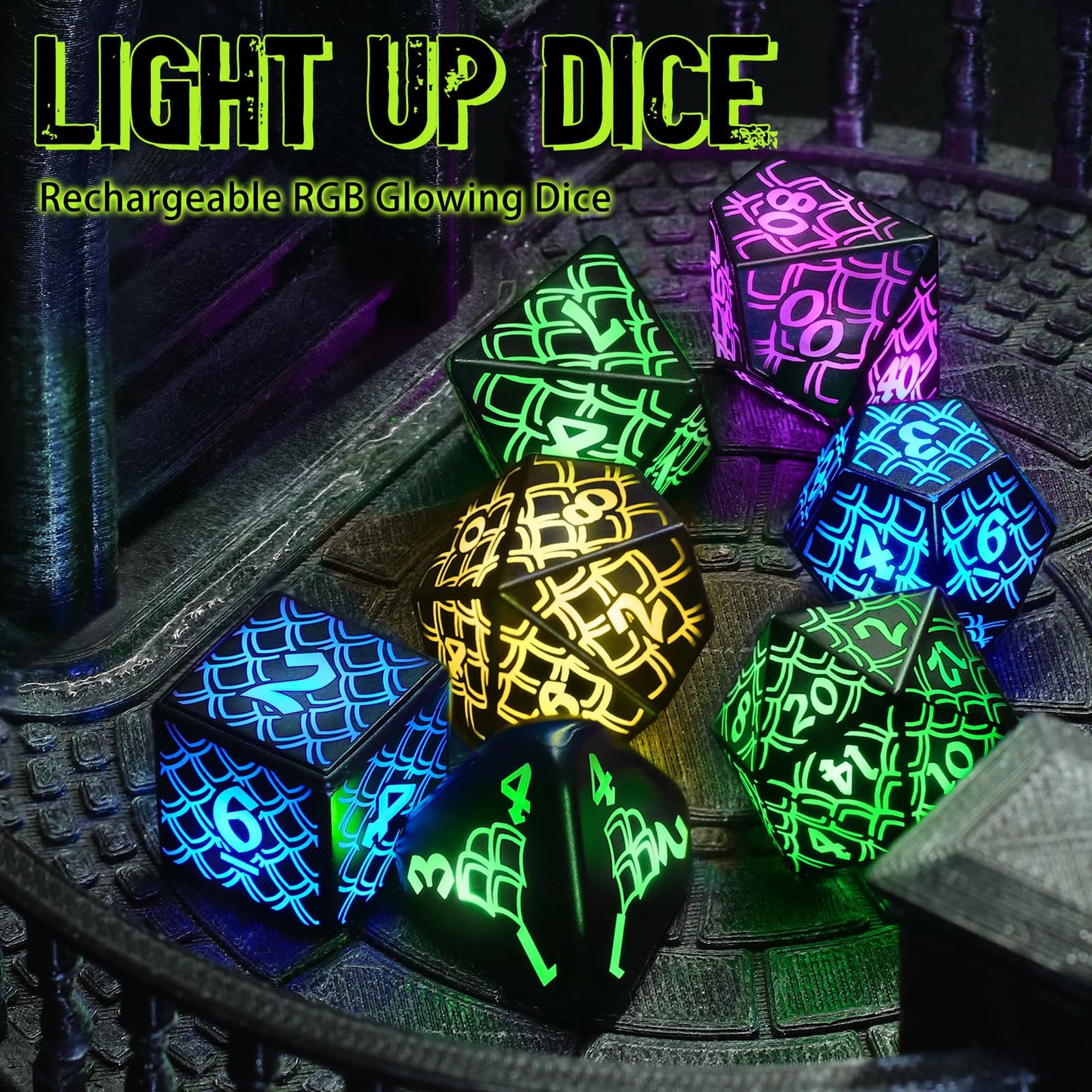 LED Dice with Charging Box，7 PCS RGB Light up Dice for Dungeons and Dragons, Polyhedral DND Dice Set for Tabletop Games Gifts（LL-RGB）