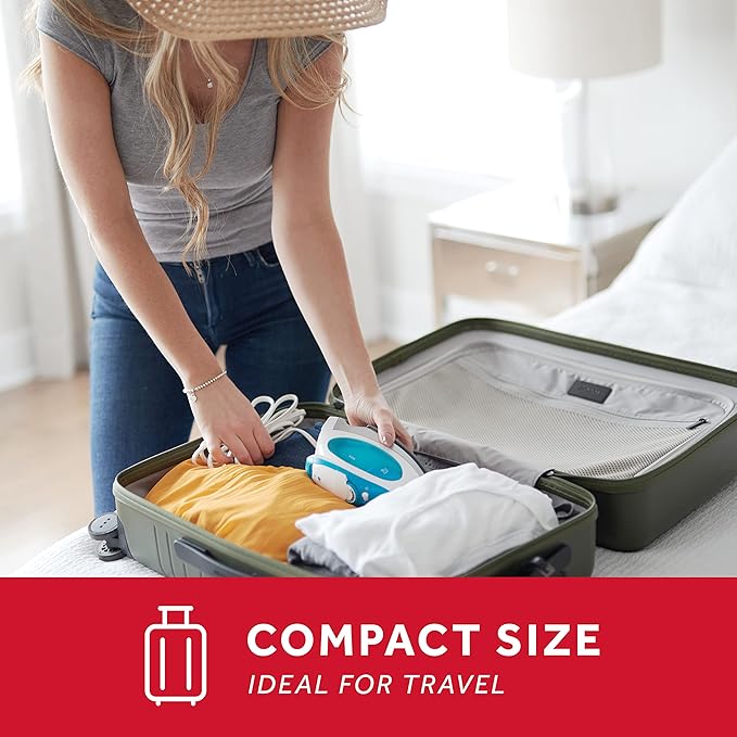 Sunbeam Travel Steam Iron, 1080 Watt, Dual Voltage 120/240, Compact Size, Portable, Non-Stick Soleplate, Soft Touch Handle, Horizontal or Vertical Use, Travel Bag, White and Teal