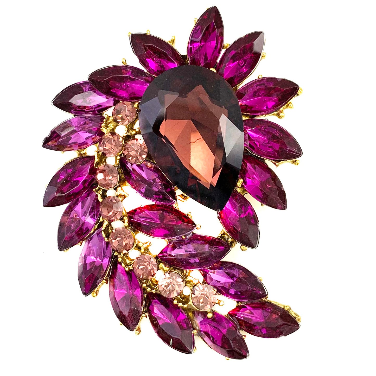 SELOVO Jewelry Marquise Shape Large Rhinestone Flower Purple Statement Brooch Pin Antiqued Gold Tone