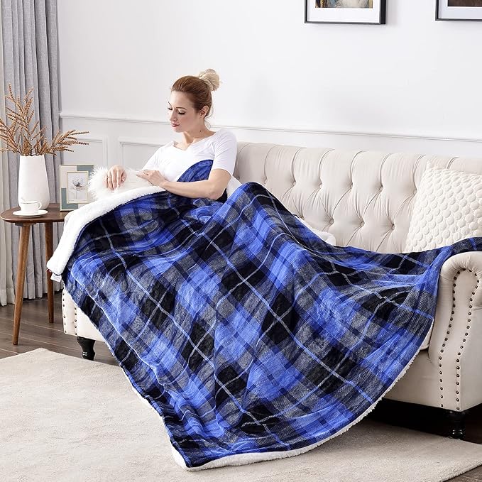 SOCHOW Sherpa Plaid Fleece Throw Blanket, Double-Sided Super Soft Luxurious Bedding Blanket 60 x 80 inches, Blue