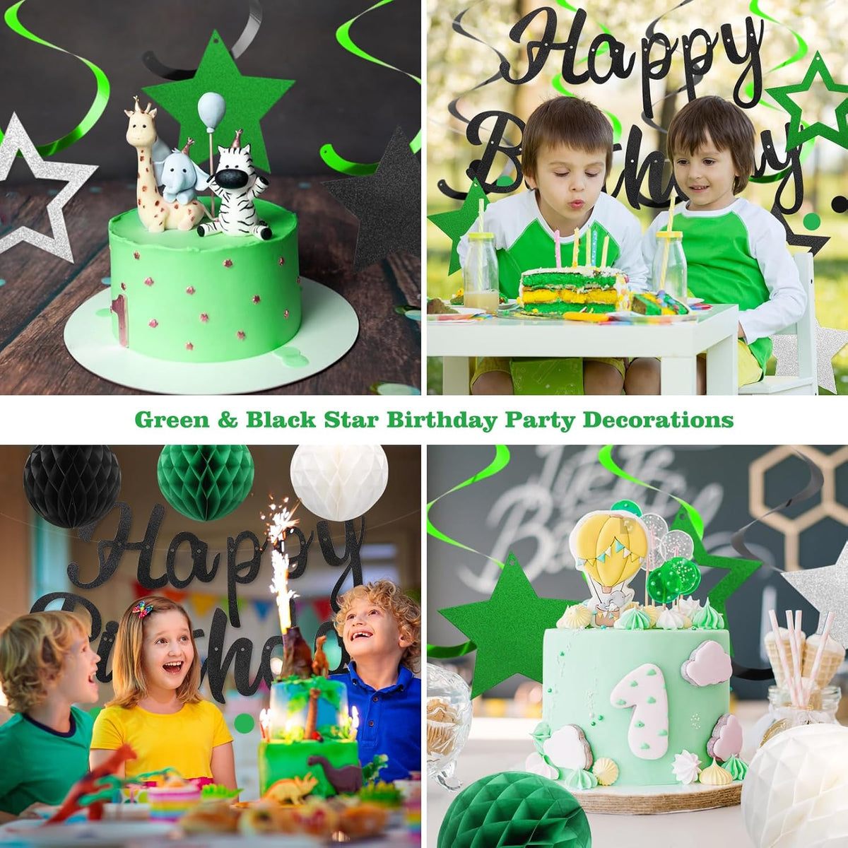Birthday Decorations, NO DIY, Pre-Strung Happy Birthday Banner with Honeycomb Ball, Hanging Swirl, Circle Dots Garland, Happy Birthday Party Decorations for Women Men Boys Girls (Green & Black)
