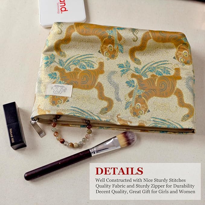 HAPPYHEIDI Cute Pouch Makeup Bag Cosmetic Toiletry Travel, Tote Purse Organizer, Machine Washable, Large Capacity, Champagn Golden Brown Baby Tiger