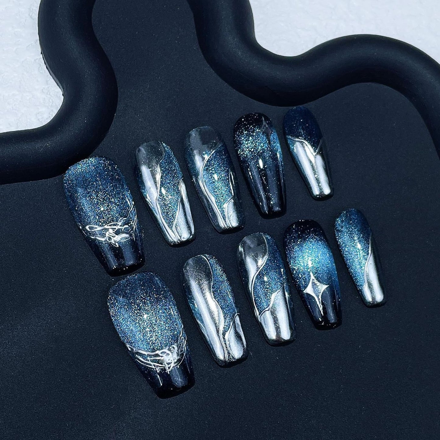 LIFOOST Nails Handmade Press On Medium Coffin Silver Blue Magnetic Cat Eye Fake Nail Luxury Star River False Nail Tips,10 Pcs Size Small