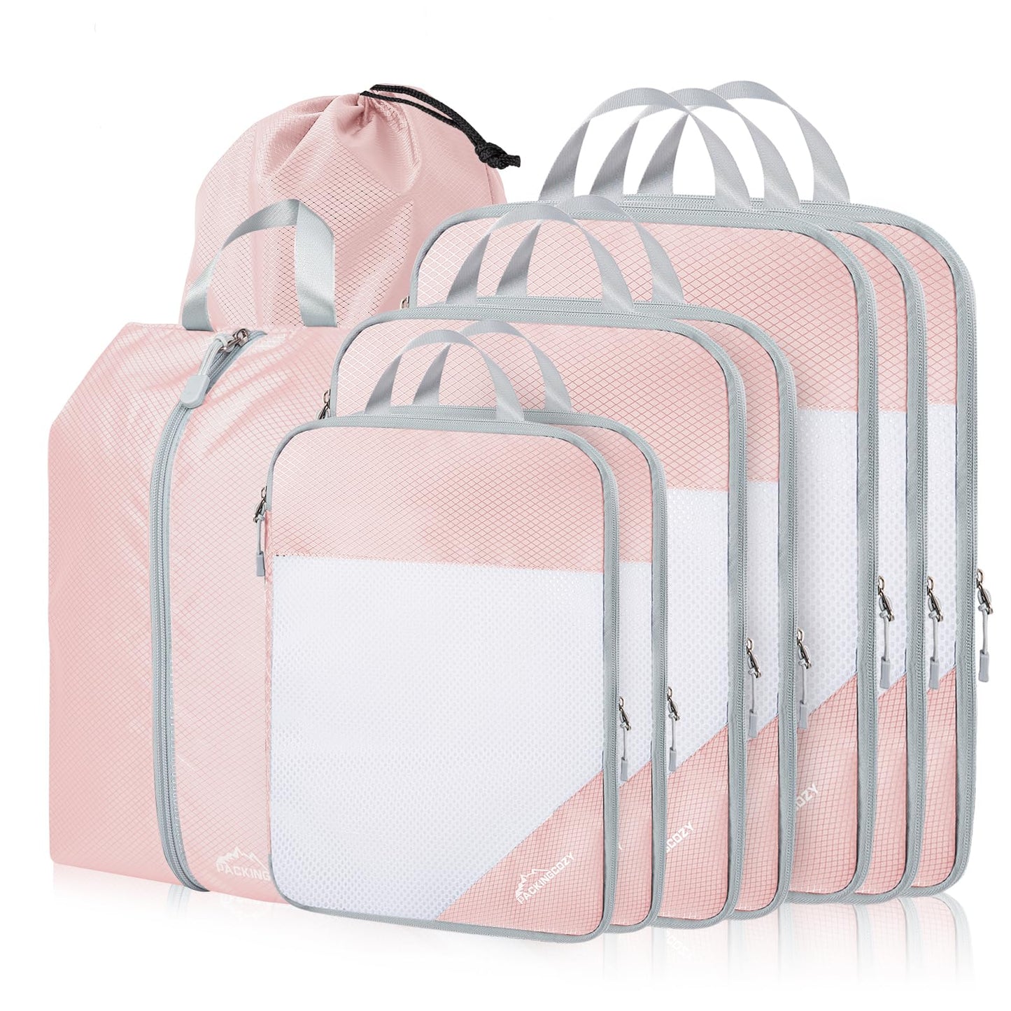 Compression Packing Cubes, 9 Set Packing Cubes for Travel Compression, Lightweight Compressible Package Organizer for Carry On and Suitcases, Pink