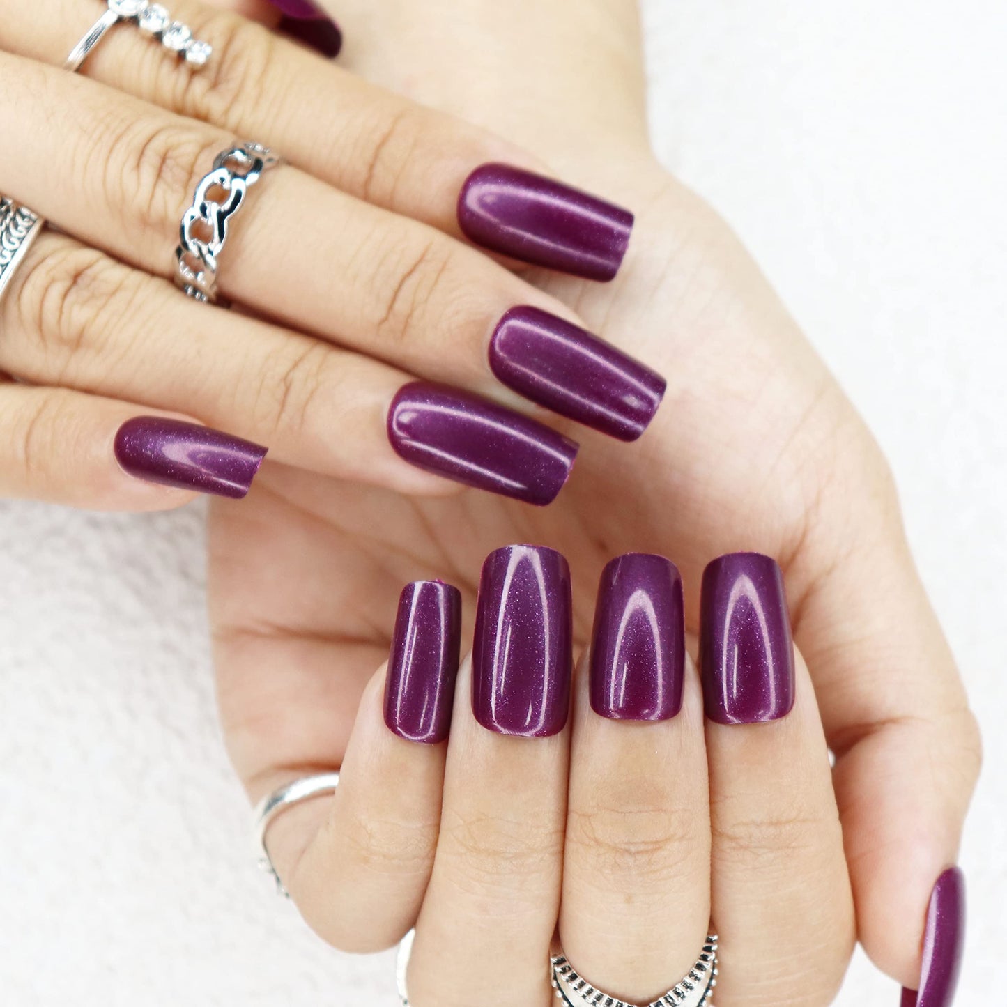 MISUD Press on Nails - Medium Square Fake Nails with Chrome, Acrylic Purple Design 24 pcs