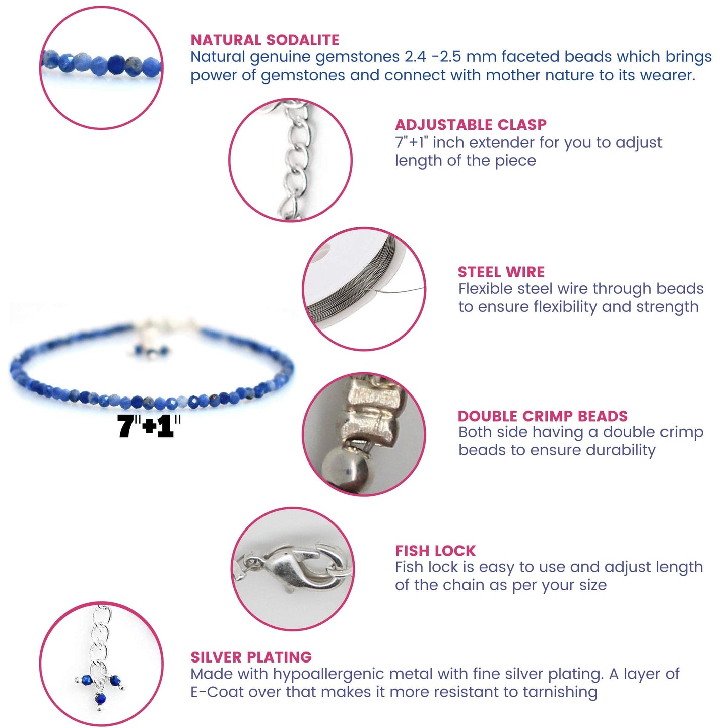 Gempires Sodalite Dainty Bracelet for Women | Handmade 2.5 mm Faceted Beads | Minimal Stacking Jewelry | Adjustable Lightweight Fit | Blue Crystal Gift