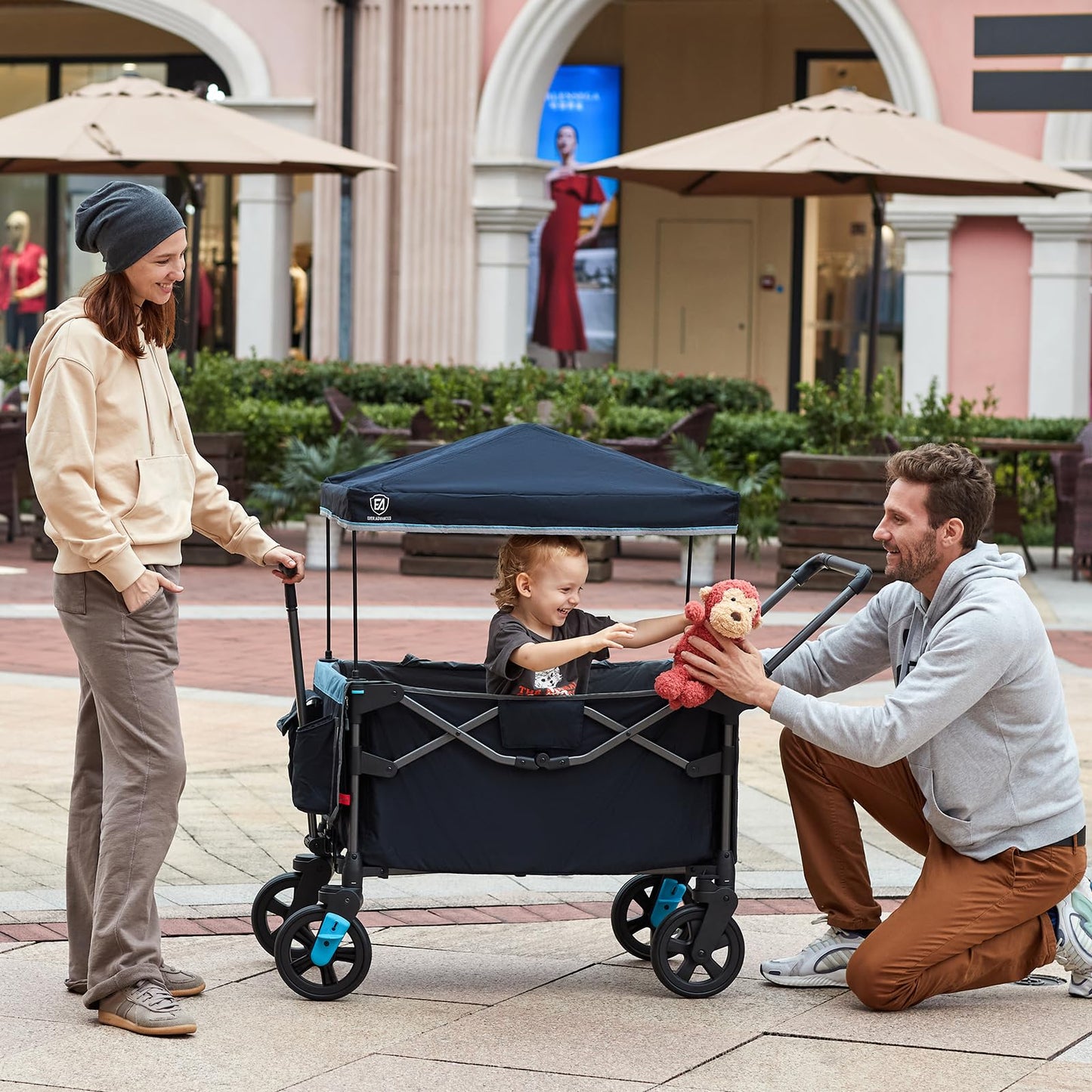 EVER ADVANCED Wagon Stroller for 2 Kids, Compact One-Step Fold Stroller Wagon with Adjustable Push/Pull Handles, Folding Wagon for Travel, Park & Beach, Includes Removable UV Canopy, Blue
