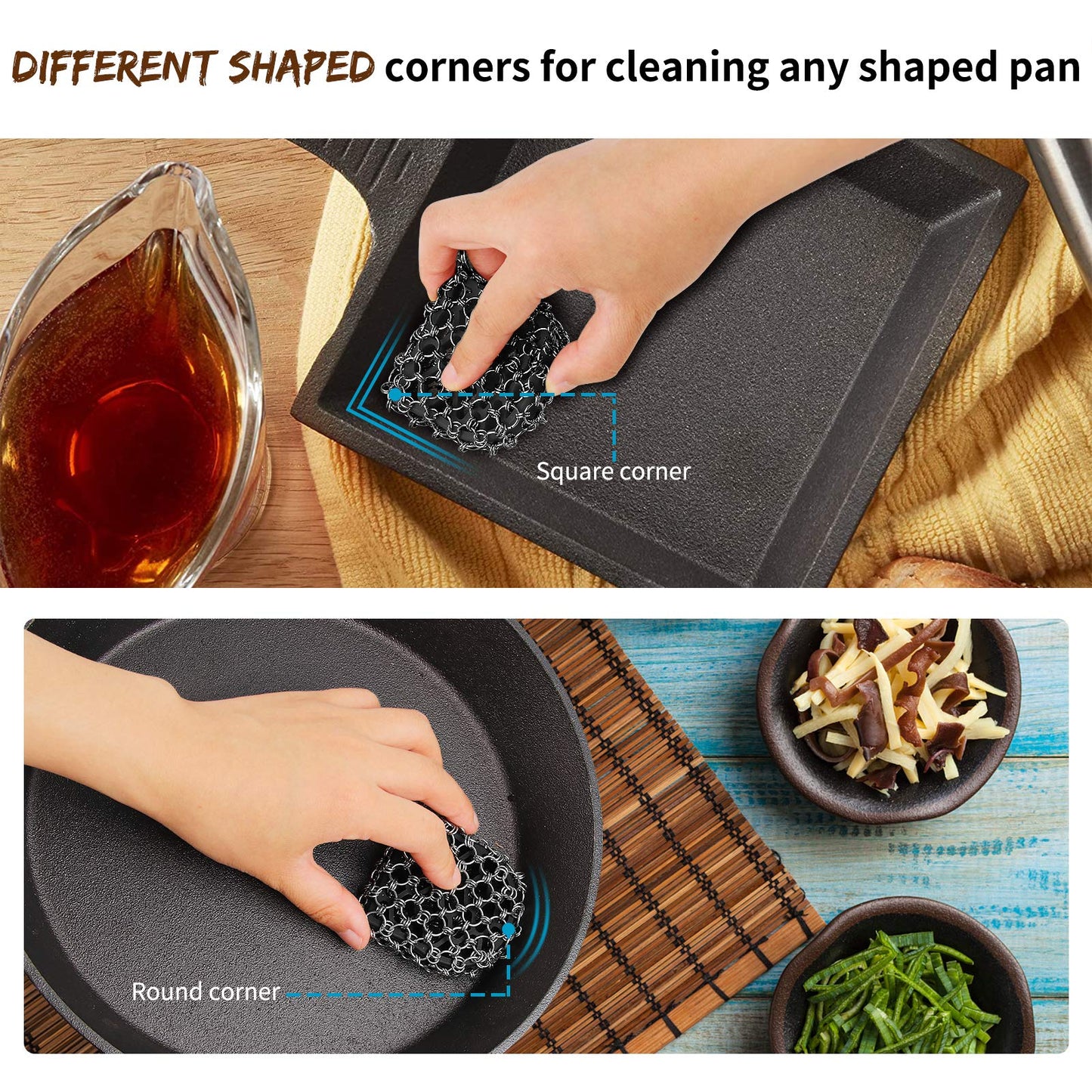 Herda Cast Iron Scrubber Tool Kit,2Pack Cast Iron Skillet Cleaner Cleaning Care Kit 316 Chain Mail Scrubber, Steel Skillet Brush Plastic Pan Scraper Set for Grill Griddle Pot Dish Food