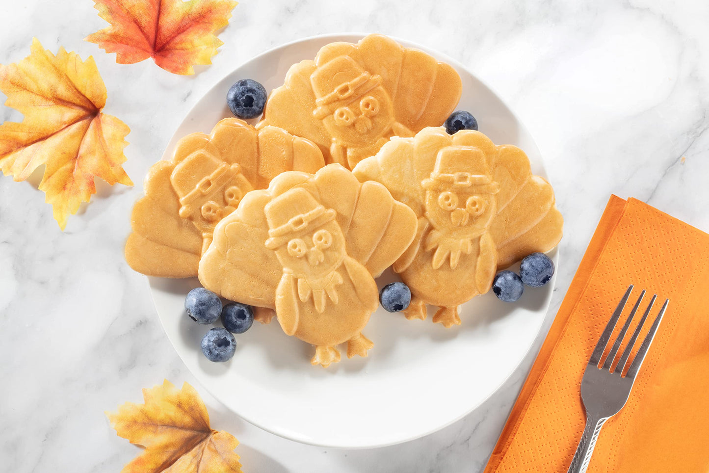 Thanksgiving Turkey Mini Waffle Maker- Make Holiday Breakfast Special for Kids, Adults w Cute Design, 4" Waffler Iron Electric Nonstick Appliance- Fun Festive Fall Gift Dessert, Friendsgiving Brunch