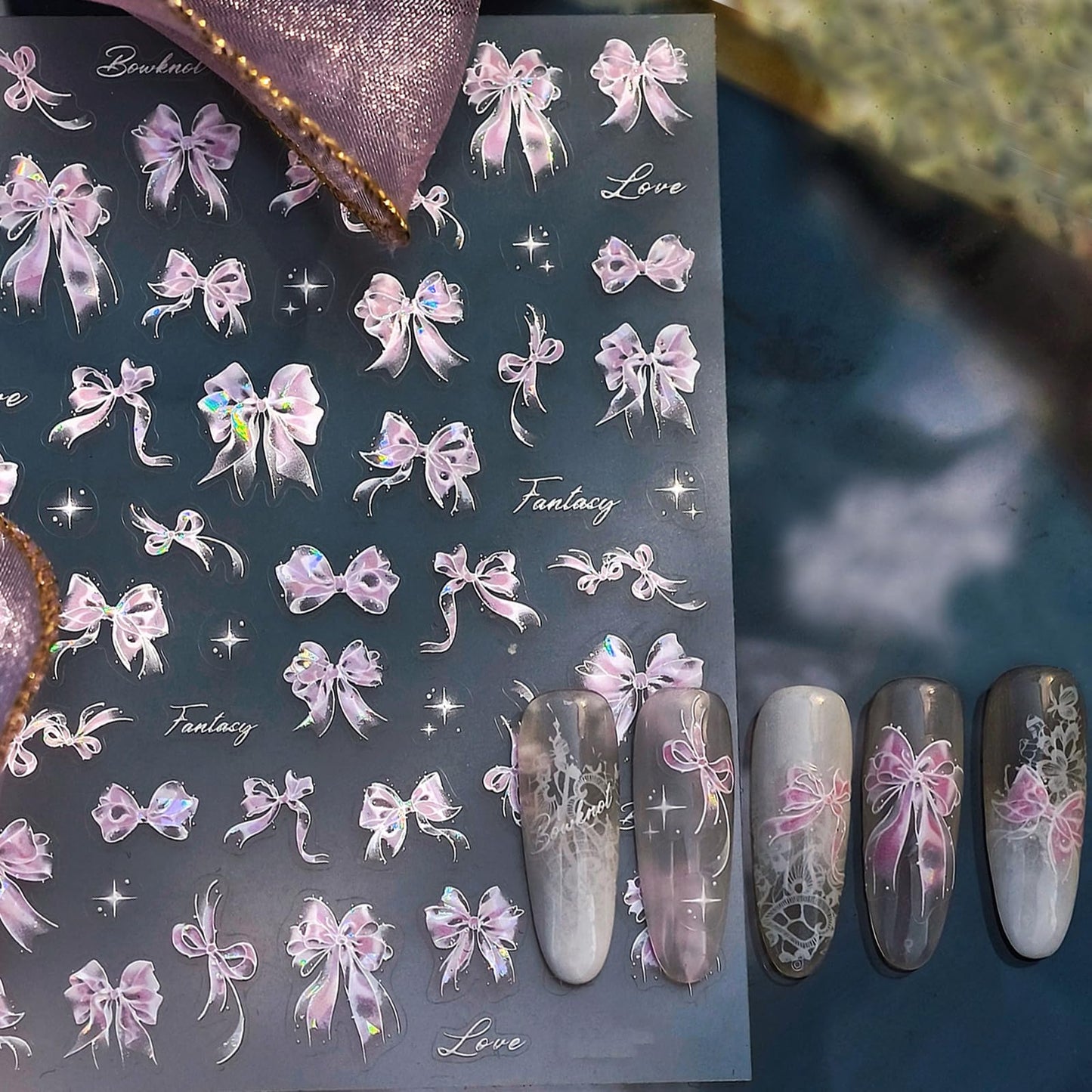 Shell Light Pink Bow Nail Art Stickers Cute Bow Nails Stickers 3D Self-Adhesive Glitter Pink Ribbon Bowknot Nail Decals for Women Girls Nail Art Decorations Accessories Cardboard Set