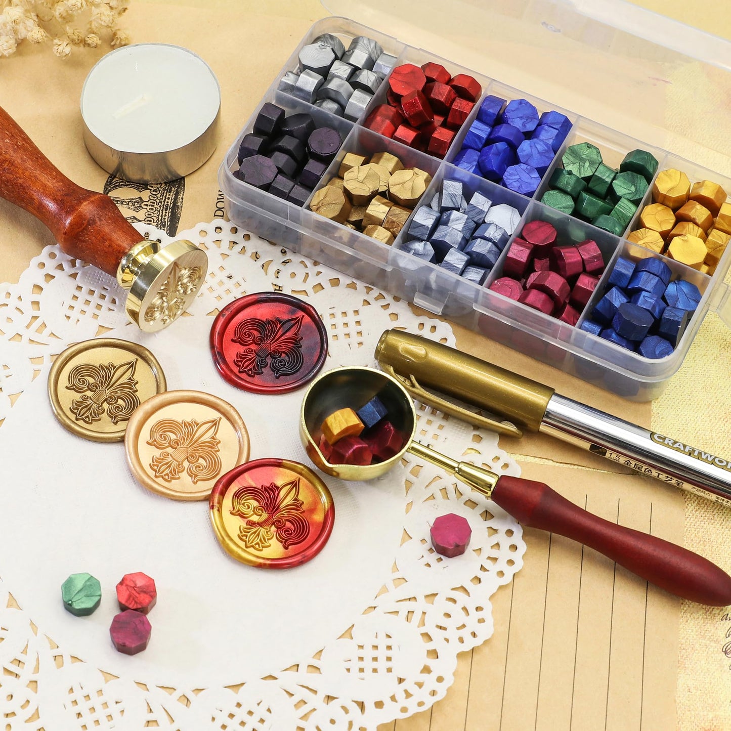 SWANGSA Fleur de Lis Wax Seal Stamp Kit with 200pcs Sealing Wax Beads, Great for Embellishment of Wedding Invitations, Wine Packages, Gift Wraps