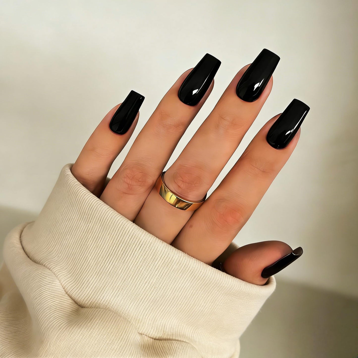 SXVME Press On Nails Long Square - Black Press on Nails with Glue for Women, Natural Simple Fake Nails Press ons Medium, Glossy Soft Gel Glue on Nails Coffin, Reusable Nail Stick Ons, 24 Pcs