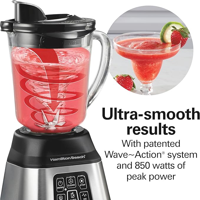 Hamilton Beach Blender for Smoothies with 5 Functions Including Auto Smoothie Cycle, Wave Action System for Ultra Smooth Results, 850 Watts, 40oz BPA Free Glass Jar, Stainless Steel (56208)