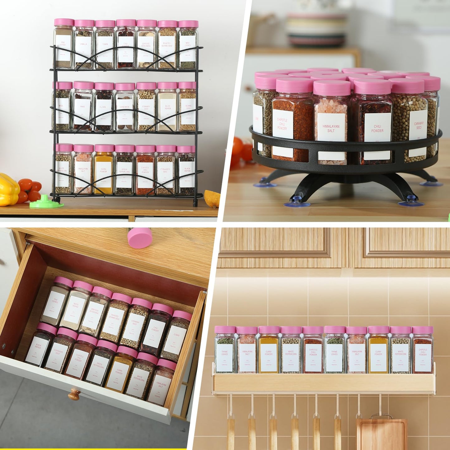 TESUNMU Pink Spice Jars with Label，4oz Seasoning Containers, Glass Spice Bottles with Shaker Lids,Funnel, Chalk Pen(Pink, 36)
