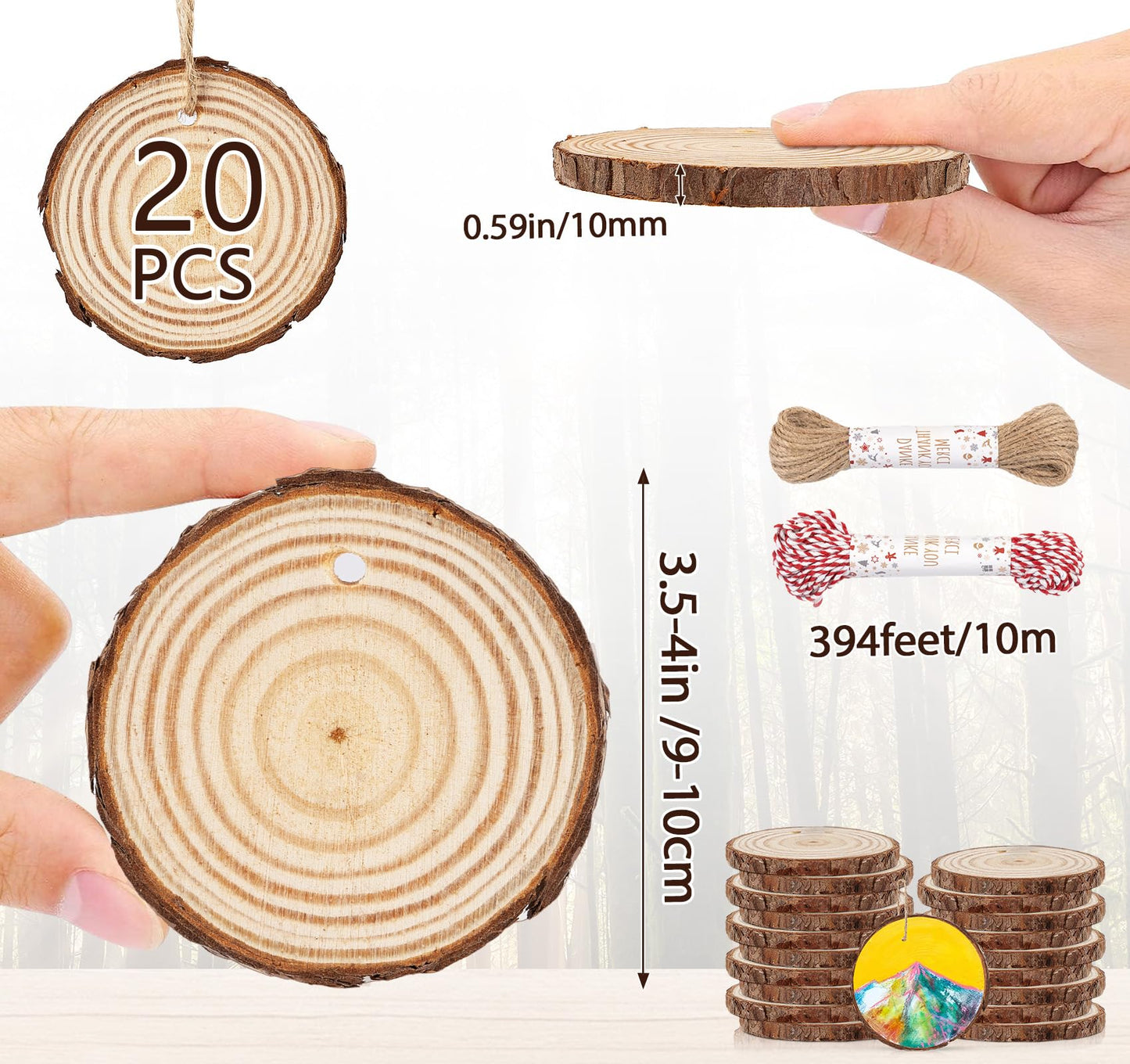 Timburst 20 Pcs Wooden Discs for Crafts, 3.5''-4'' Wood Circles for Crafts, Wood Slices for Painting DIY Christmas Ornaments Party Wall Home Wedding Decor