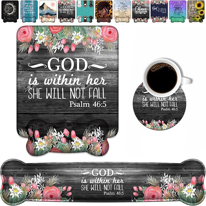 Wrist Rest Support Ergonomic Gel Mouse Pad & Memory Foam Keyboard Set, Non-Slip Rubber PU Base for Home Office Working Studying Easy Typing & Pain Relief - Floral Quote Bible Verses Psalm 46:5