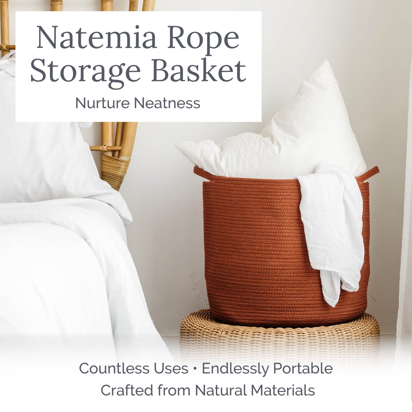 Natemia Large Woven Storage Basket (15" x 15" x 14") - Baby & Toy Organizer, Blanket Basket, Perfect Baby Registry Gift