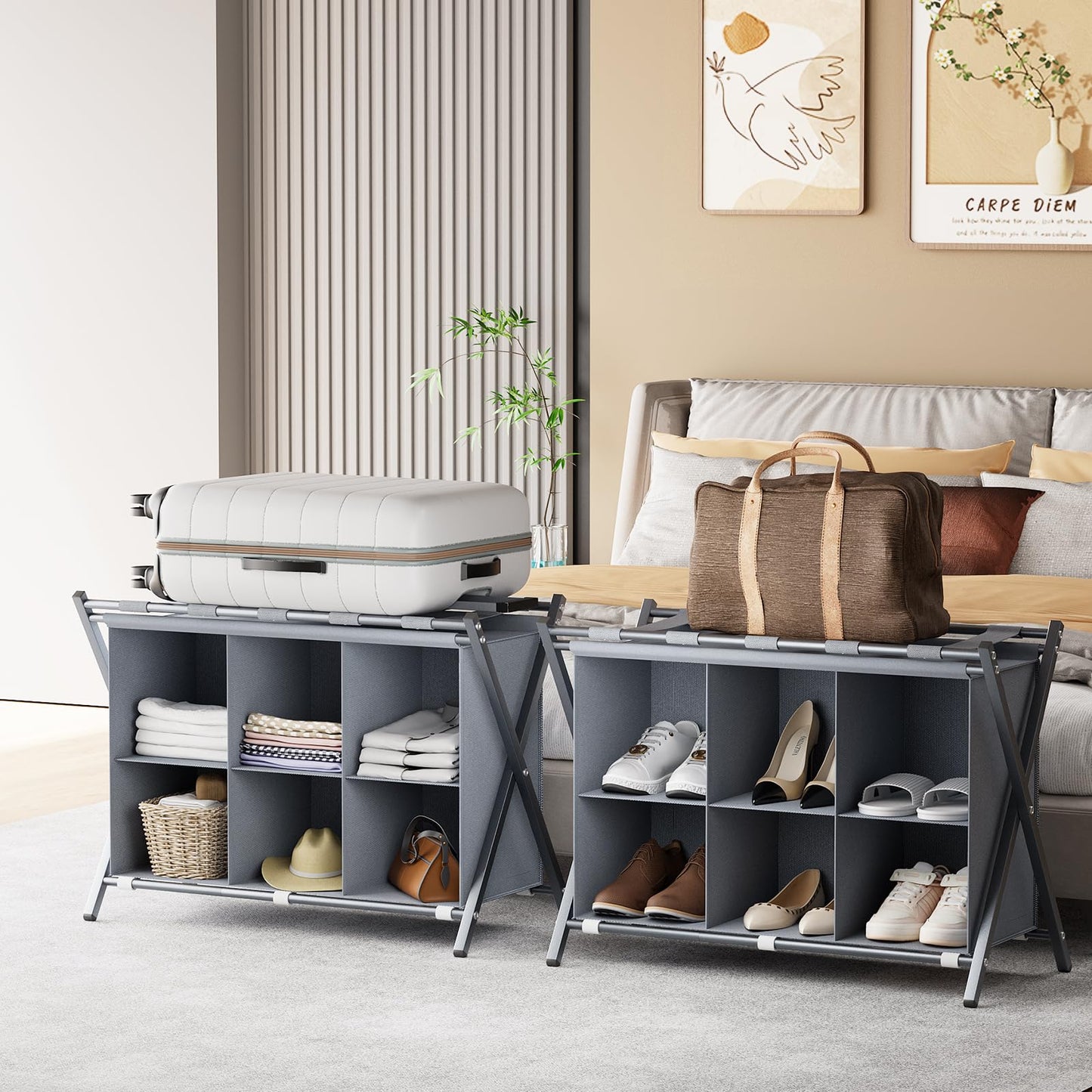 Huhote Luggage Rack for Guest Room, Folding Suitcase Stand with 6-Cube Fabric Storage Shelf, Luggage Holder, Steel Foldable Luggage Stand for Guest Room, Bedroom, Hotel, Grey