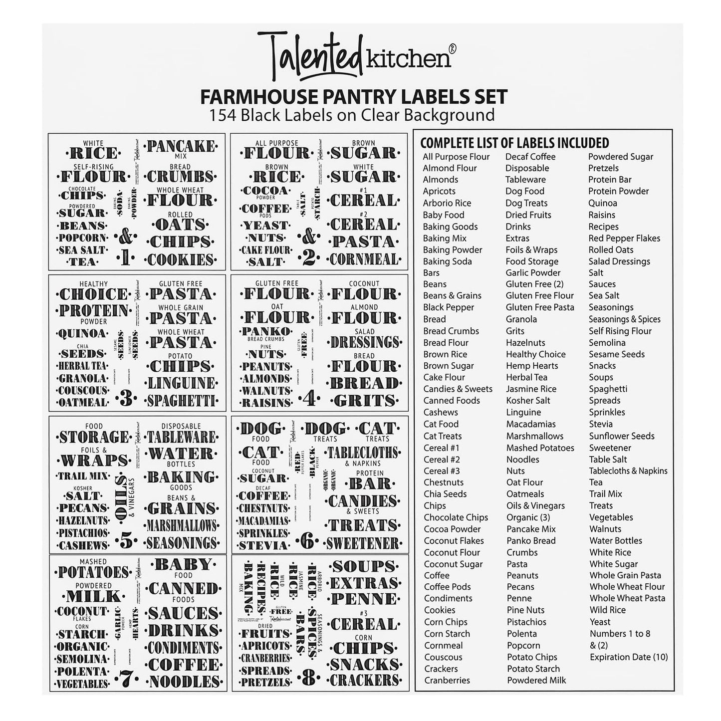 Talented Kitchen Clear Vinyl Pantry Labels for Food Containers - Waterproof & Repositionable for Kitchen Jars - Farmhouse Pantry Organization - Preprinted Baking Labels - Pack of 154, Assorted Sizes