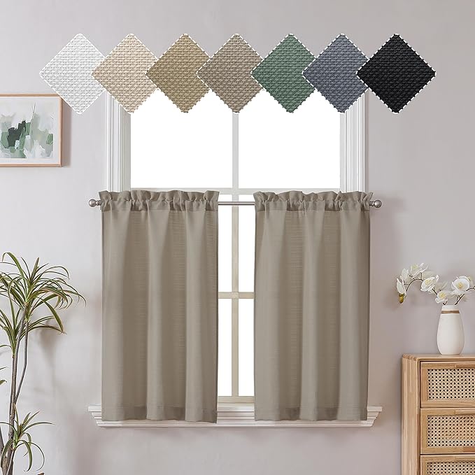 Chyhomenyc 2 Panels Stone Beige Kitchen Curtains 24 Inch Length Tier Curtains, Faux Linen Textured Small Cafe Curtains, Light Filtering Short Window Curtains for Bathroom Basement, Each 30x24 Inch