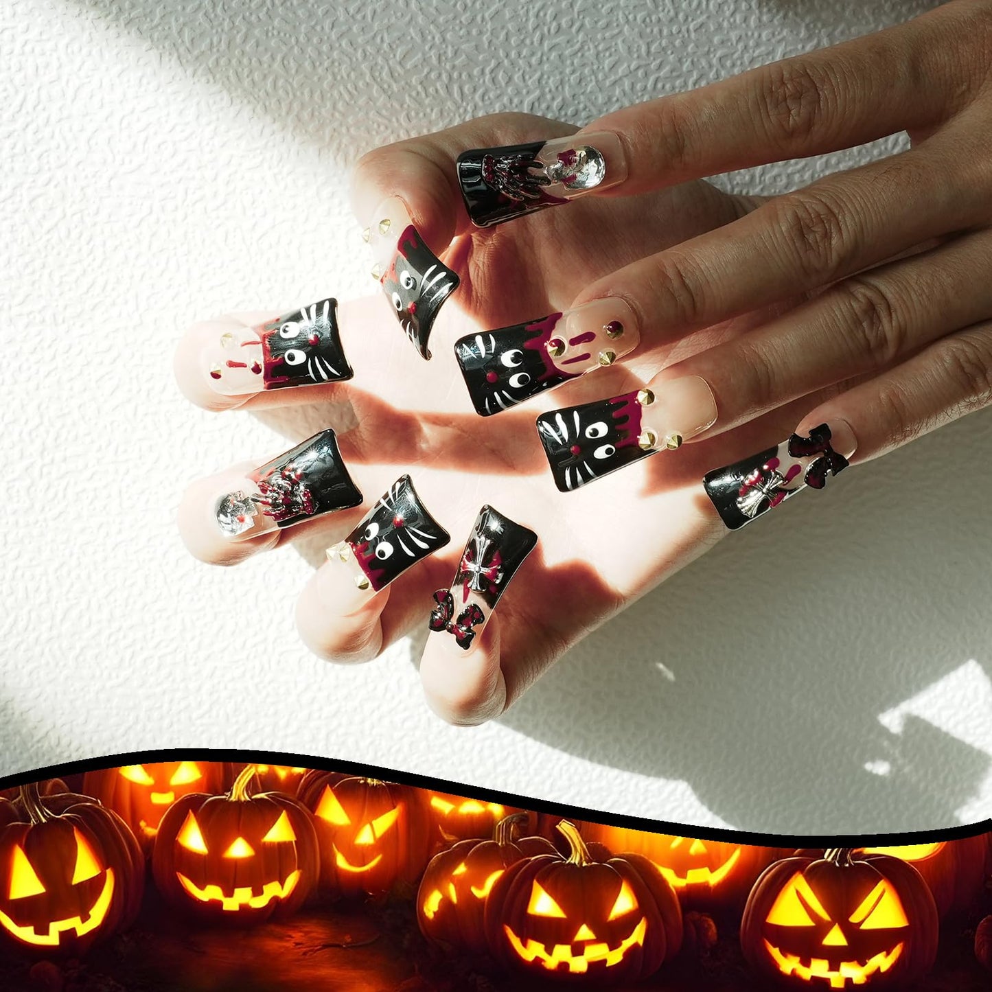 Tesytto Long Duck Gothic Cat Press On Nails - Y2K Red Drip, 3D Skull Cross Bow Charms, Reusable Acrylic Stick On Nails (Hand-Painted Cat, M)