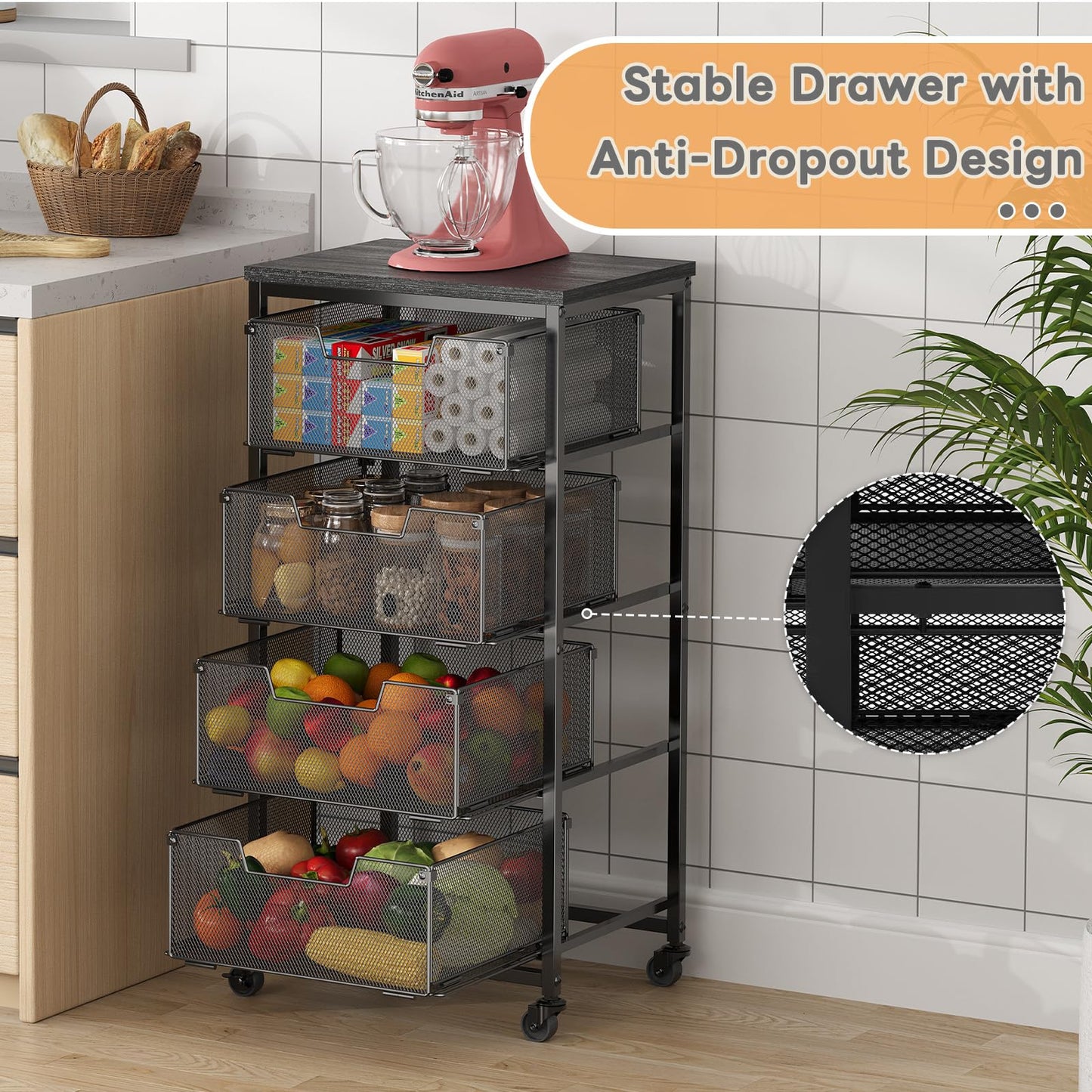 4-Tier Fruit Vegetable Storage Cart - Kitchen Organizer and Storage Cart with Wheels, Wooden Top Metal Wire Fruit Vegetable Rack Stand with Drawers to Storage Cans Snacks for Kitchen(Patent Pending)