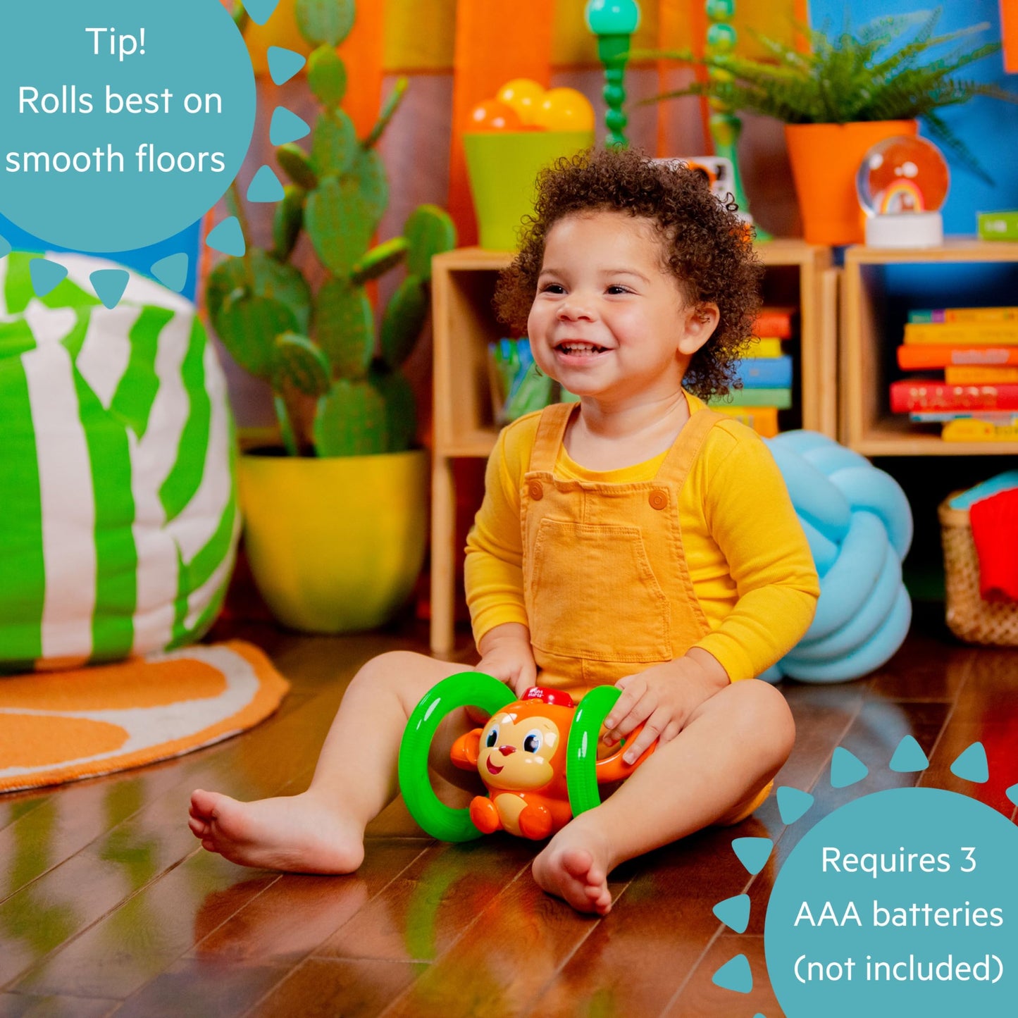 Bright Starts Roll & Glow Monkey Crawling Baby Toy with Lights and Sounds, Tummy Time Toy, 6 Months and up