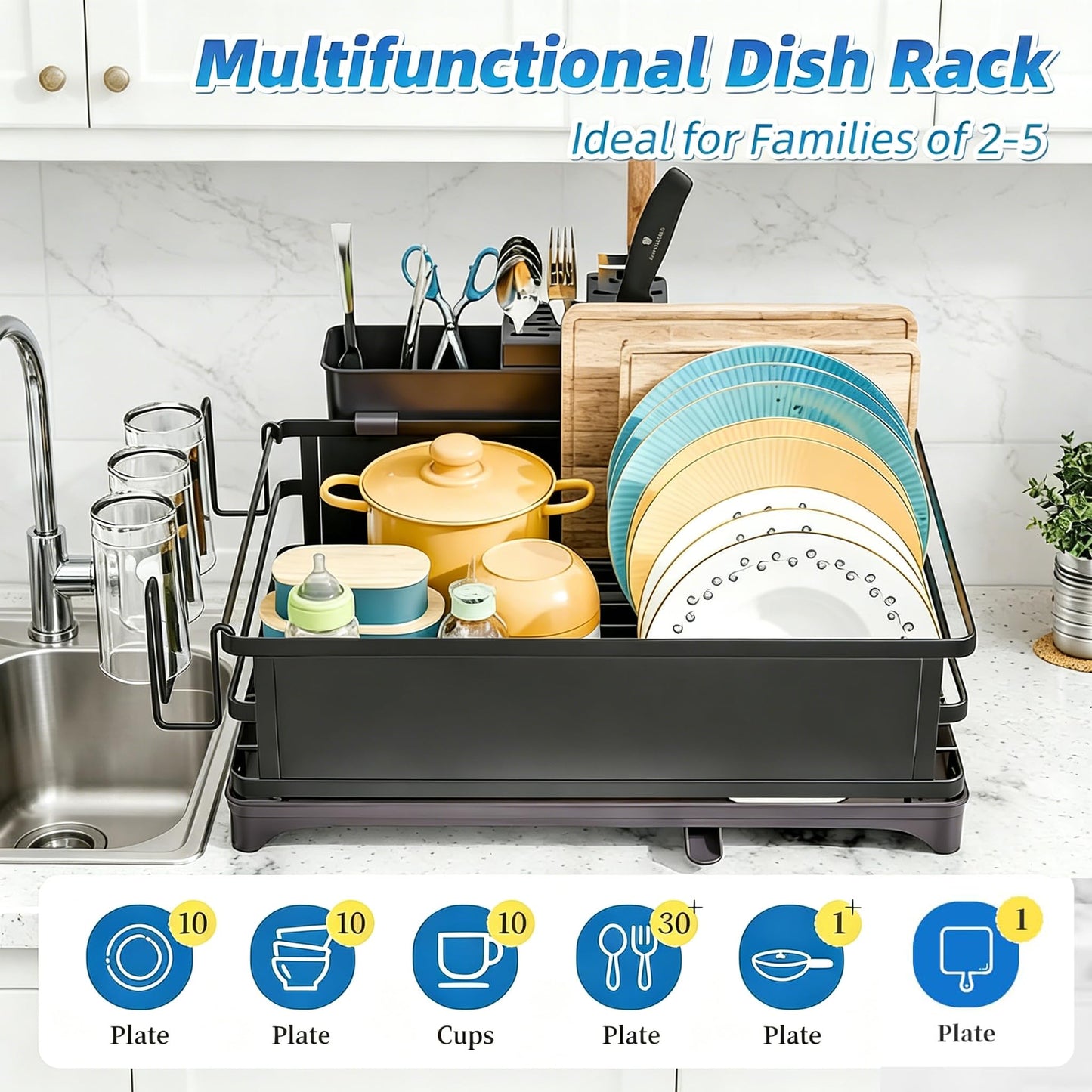 Simple Trending Dish Drying Rack, Dish Drainer for Kitchen Counter, Dish Rack with Tray for Large Capacity, Black