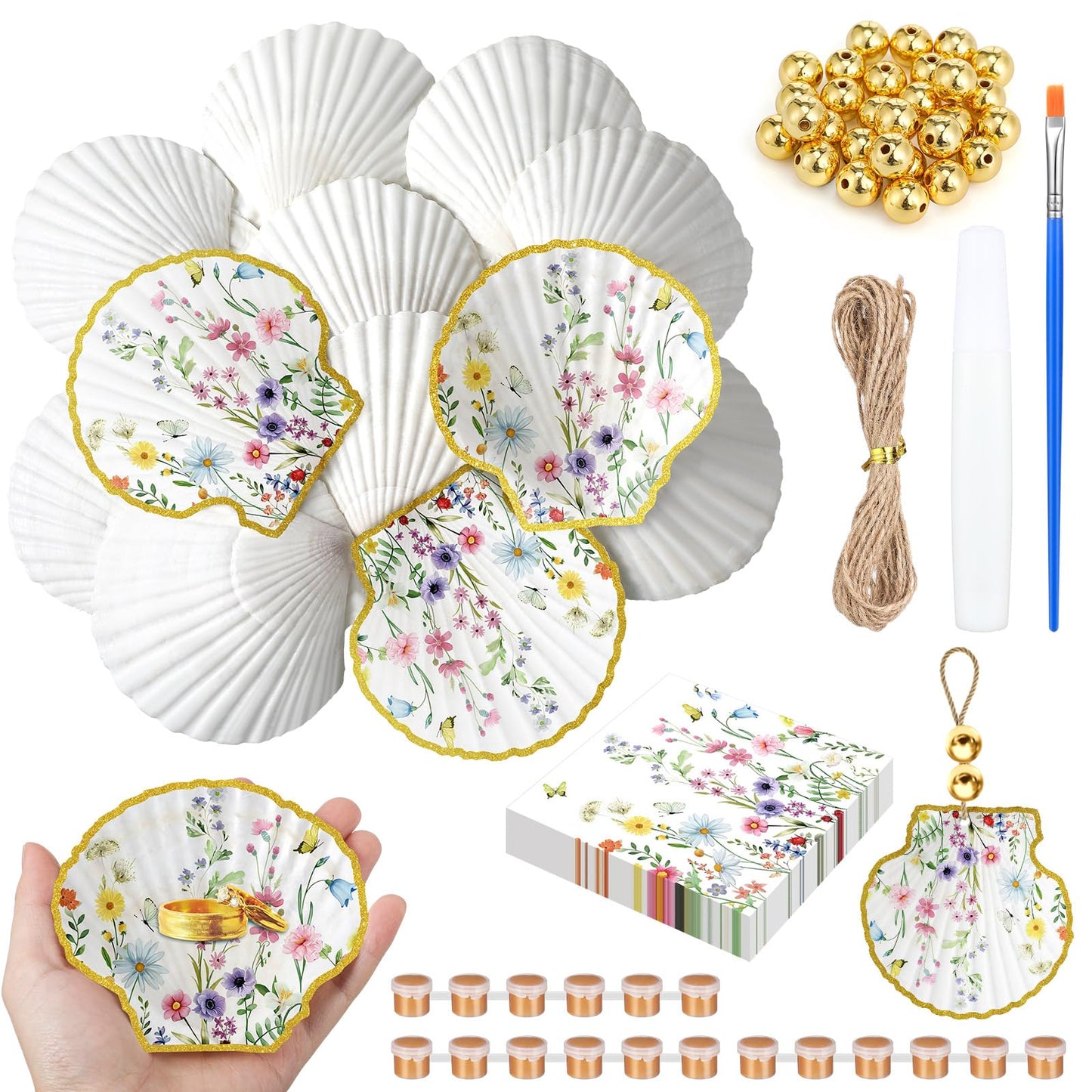 Gilprop 12 Pcs Large Scallop Shells for Shells Crafts 4''-5''with 24 Pcs Spring Wildflowers Decoupage Paper Napkin Acrylic Paint Strips Brushes Gold Bead for DIY Ornament Jewelry Tray