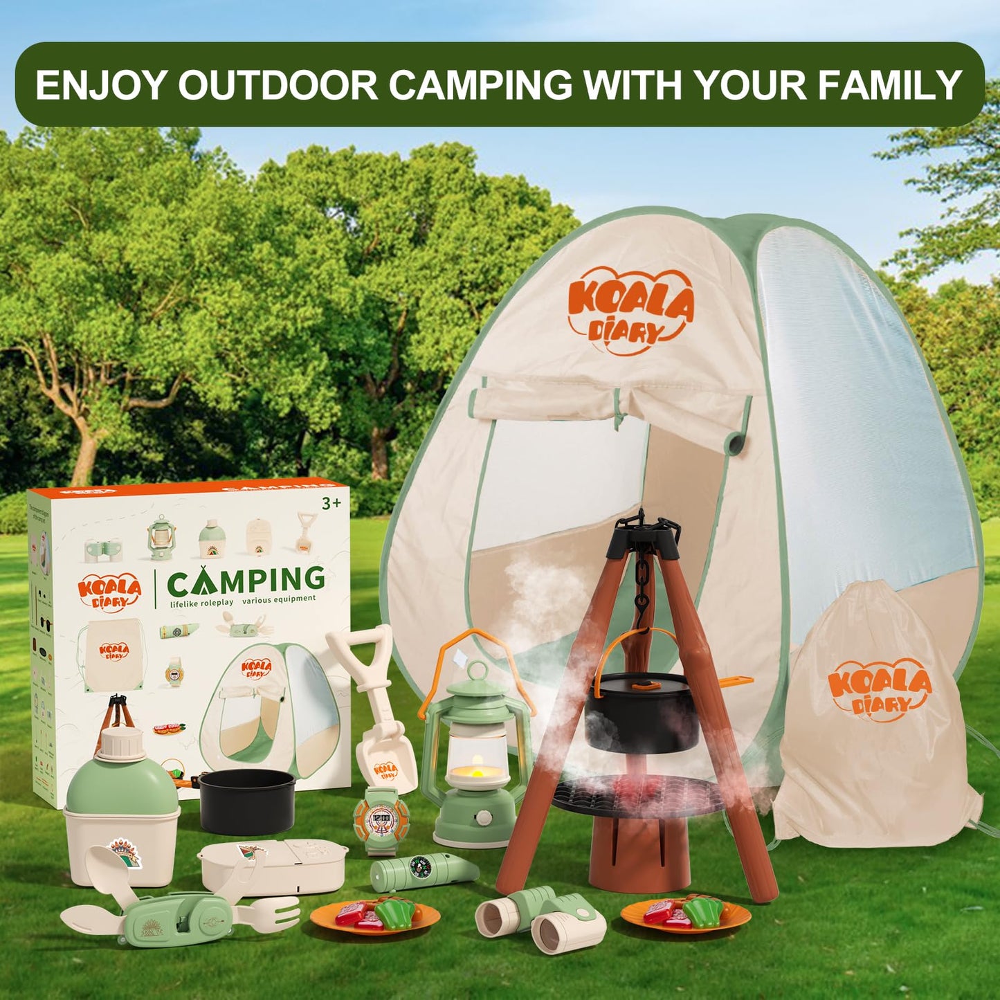 KOALA DIARY Kids Camping Set – an Indoor/Outdoor Pretend Play Adventure kit Featuring a Tent, Oil lamp, Stove, and More. Perfect for Ages 3+