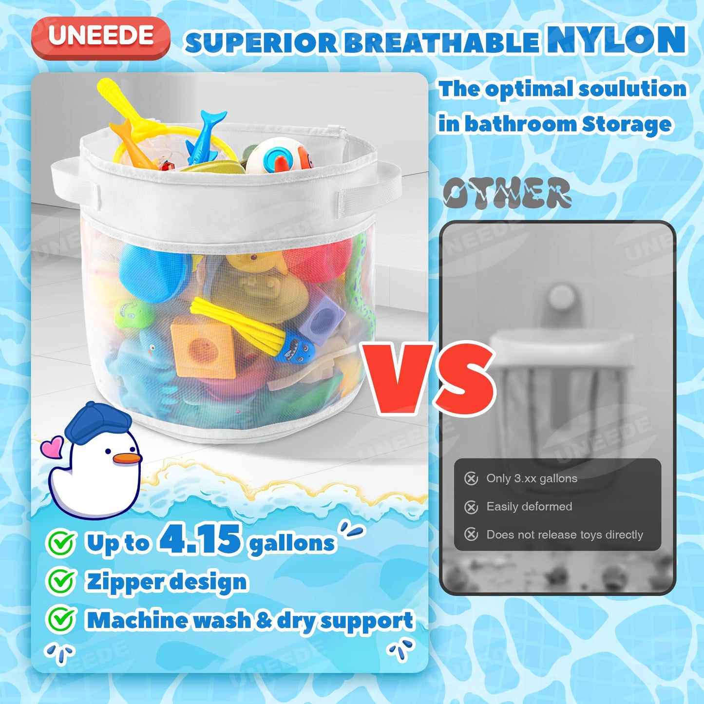 UNEEDE Bath Toy Organizer,4 Gallons Bathtub Toy Storage Organizer,Quick Access Bath Toy Holder For Bathtub,Baby Organizer,Quick Dry Baby For Tub,Mesh Shower Caddy
