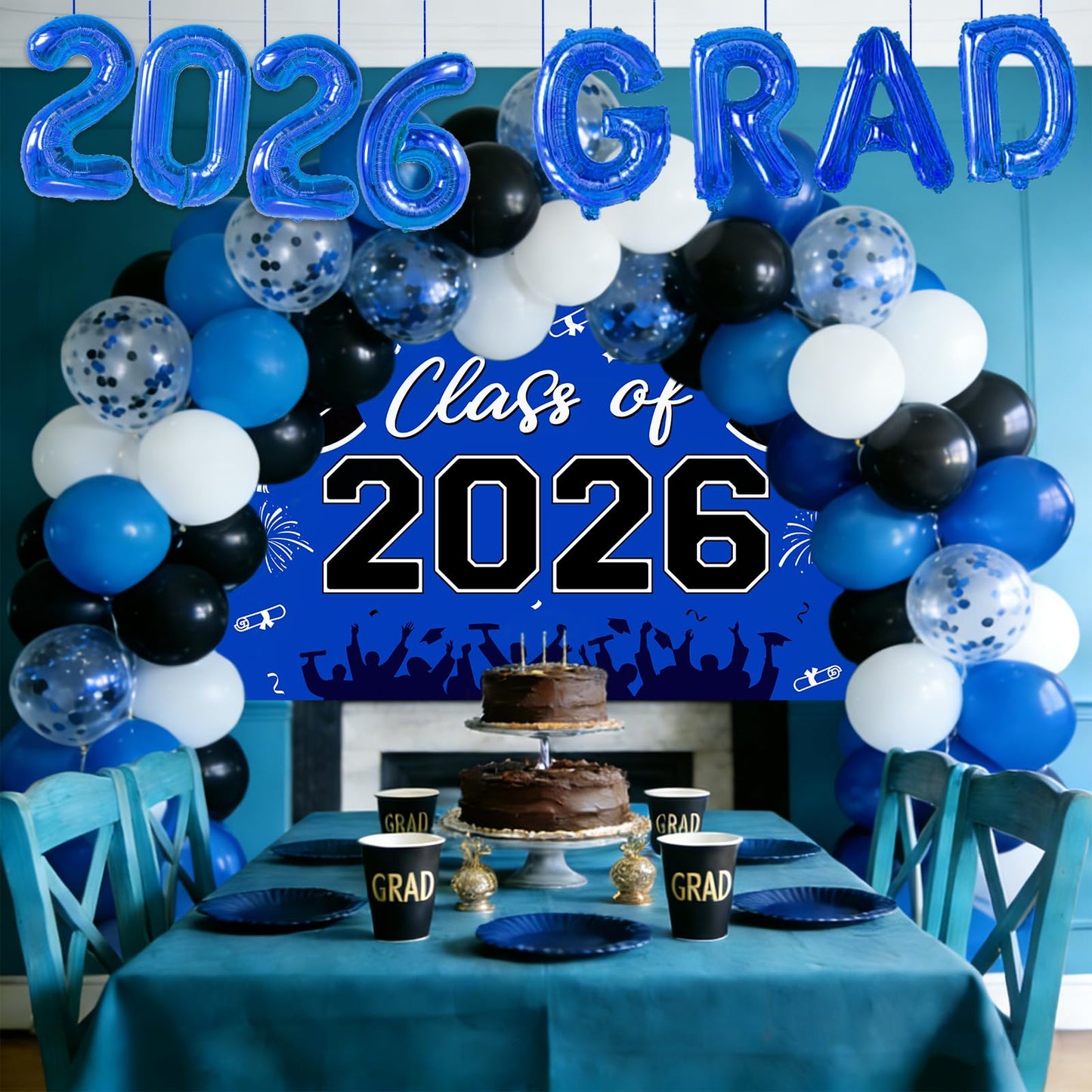 Graduation Decorations 2026, Blue Black Graduation Party Decorations 123pcs Balloon Boxes with Letters, Balloon Arch Kit and Backdrop for 2026 Grad Decor Class of Party Supplies