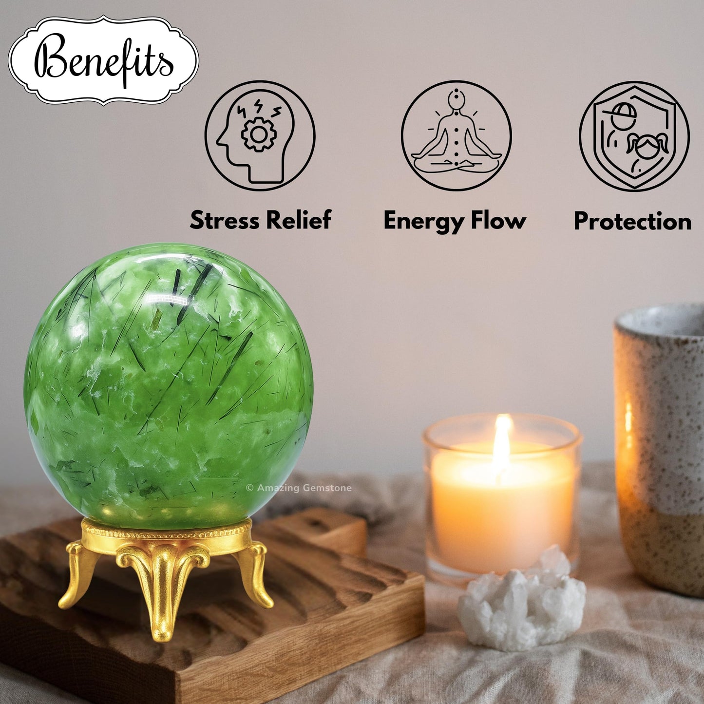 Amazing Gemstone Prehnite Crystal Ball with Stand - 2 Inches Crystal Sphere Meditation Balls for Witchcraft and Decorative Balls