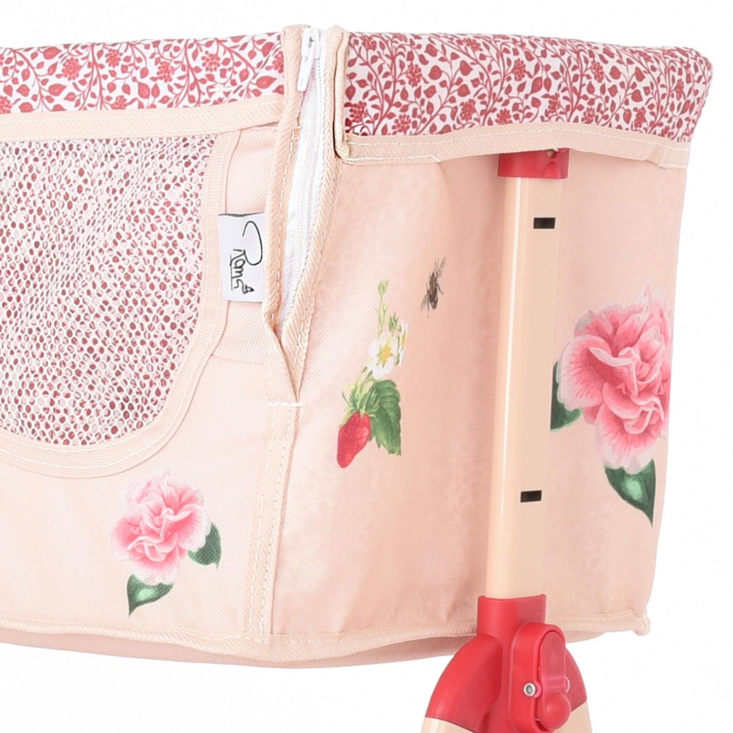Roma Prams: RHS Doll Bedside Crib - Flora - Cream & Red, Rocking & Stationary, Bedtime Accessory, Adjustable Height, Storage, Roleplay Toy, Kids 3+