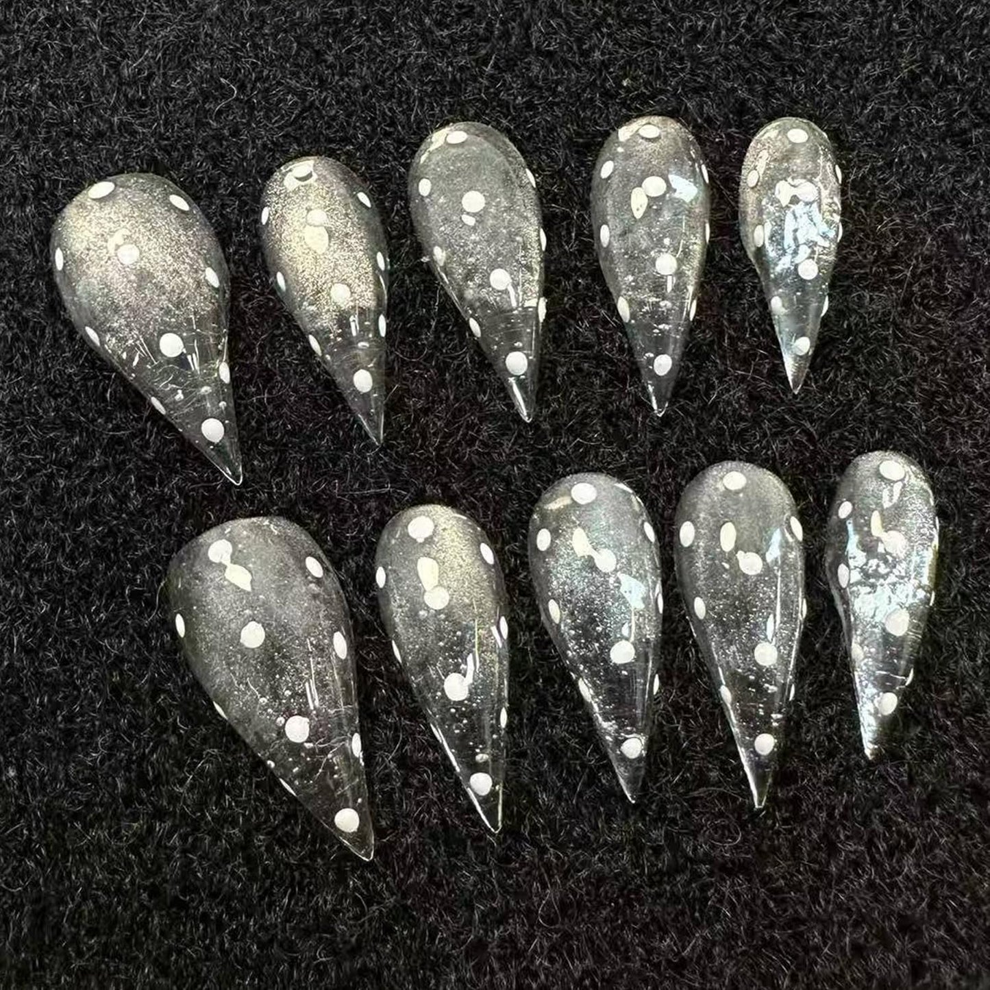 Handmade Press on Nails Medium Stiletto Fake Nails Unique Eagle Claw Thick Acrylic Nails Transparent False Nails with Polka Dots Glitter Cat Claw Designs Glossy Glue on Nail Sturdy Nail Art 10Pcs(S)