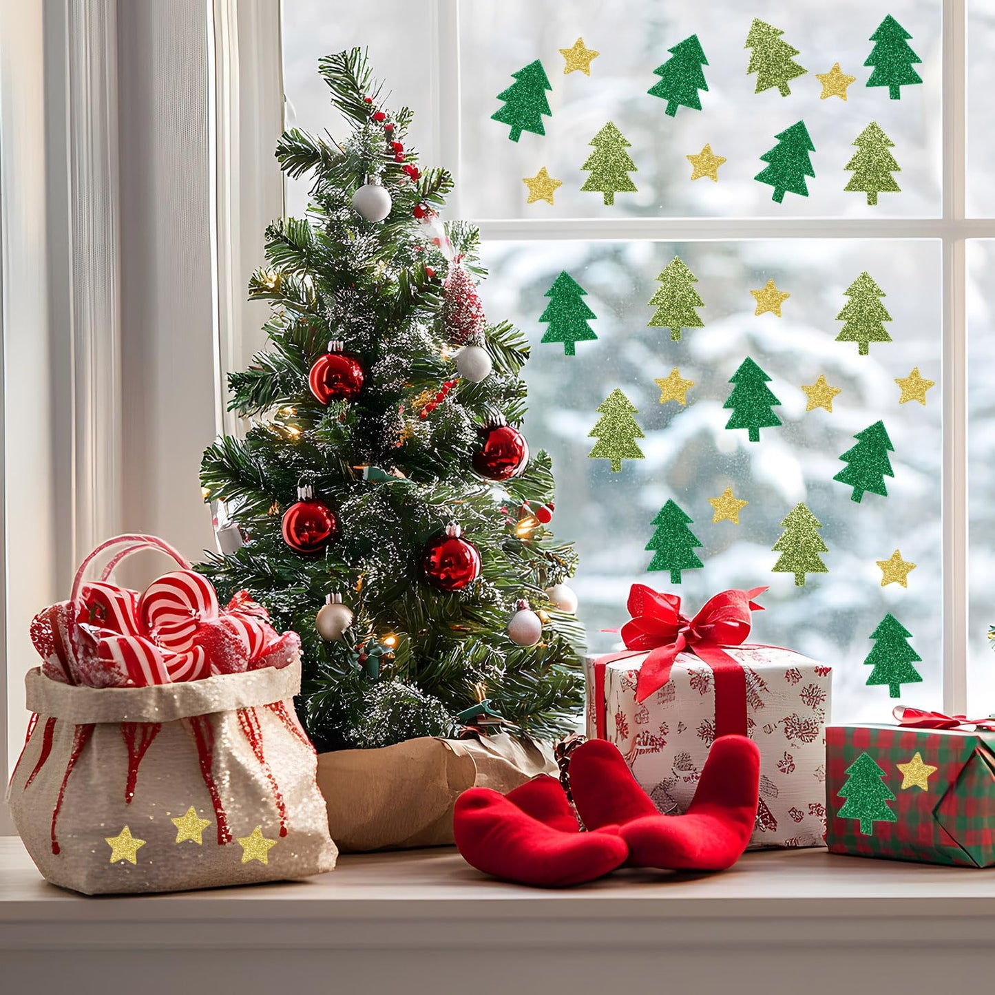 500 Pieces Christmas Glitter Foam Stickers - Self Adhesive Tree and Stars Shapes for Kids and Crafts