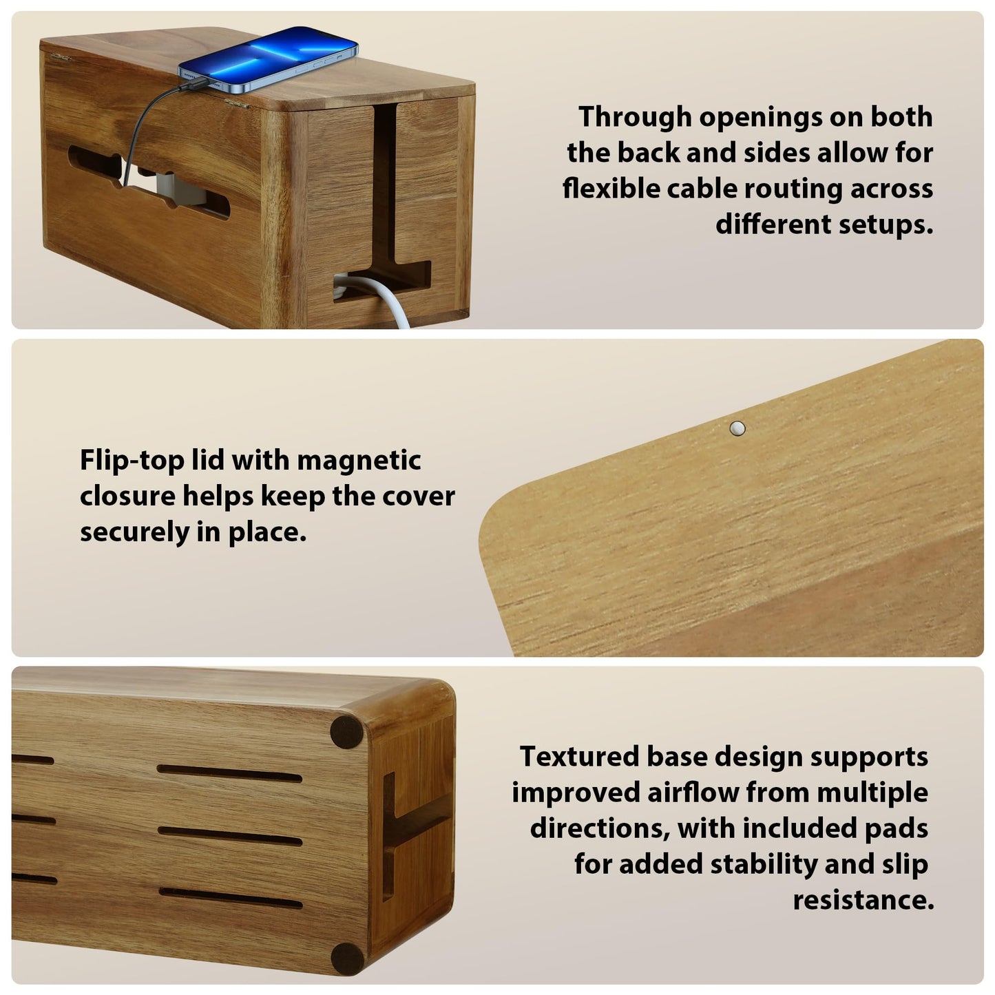 YCLYC Large Acacia Wood Style Cable Management Box, Cord Organizer Power Strip Box with Magnetic Outlet Covers, Cord Hider for Desk and Floor Cable Storage, Ventilated Design