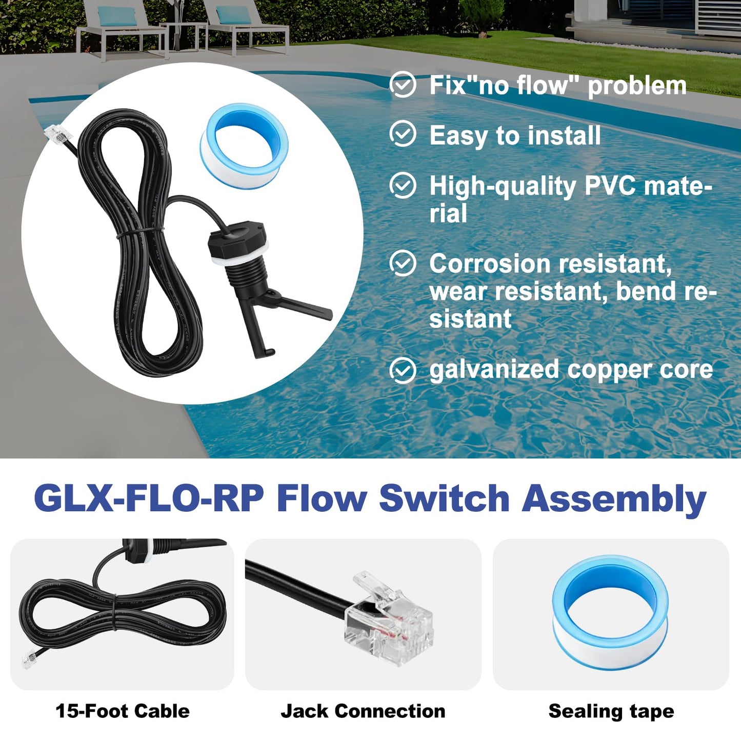 Upgraded GLX-FLO-RP Pool Flow Switch Compatible with Hayward Goldline and Aquarite Salt Systems Water Flow Sensor Assembly Salt Cell Pool Flow Sensor with 15ft Cable