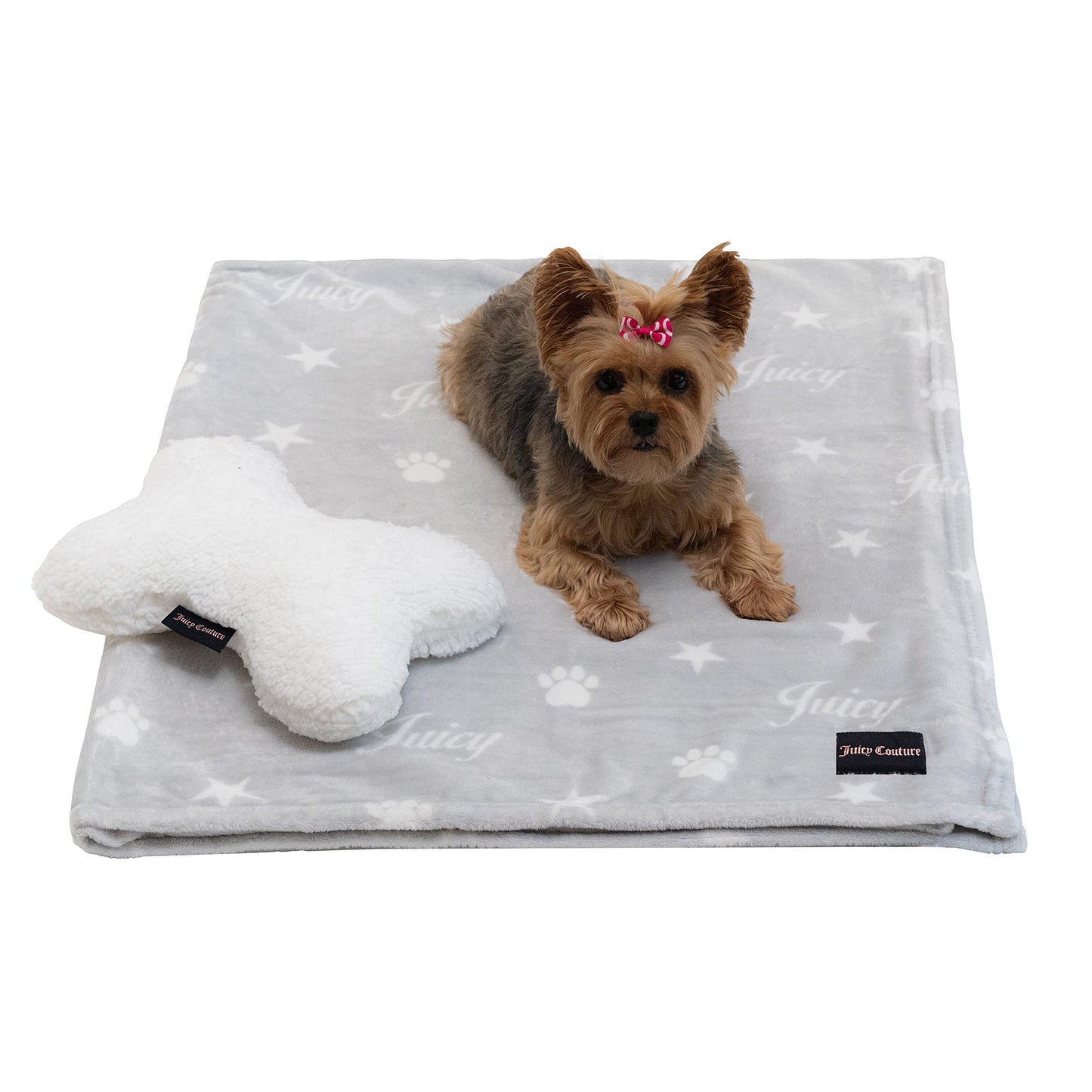 Juicy Couture Grey Paws and Stripes Dog Blanket with Sherpa Bone Shaped Pillow – Plush Puppy Blanket Throw, Breathable, Lightweight, Machine Washable, Cat Blanket for Small Medium & Large Pets