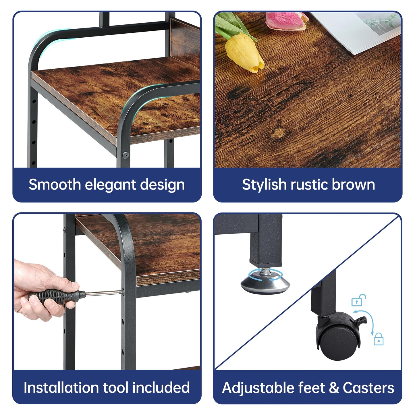 Fannova Printer Table Stand with Height Adjustable Shelf, 3 Tier Rolling Printer Cart with Wheels for Home Office Storage and Organization, Industrial Style