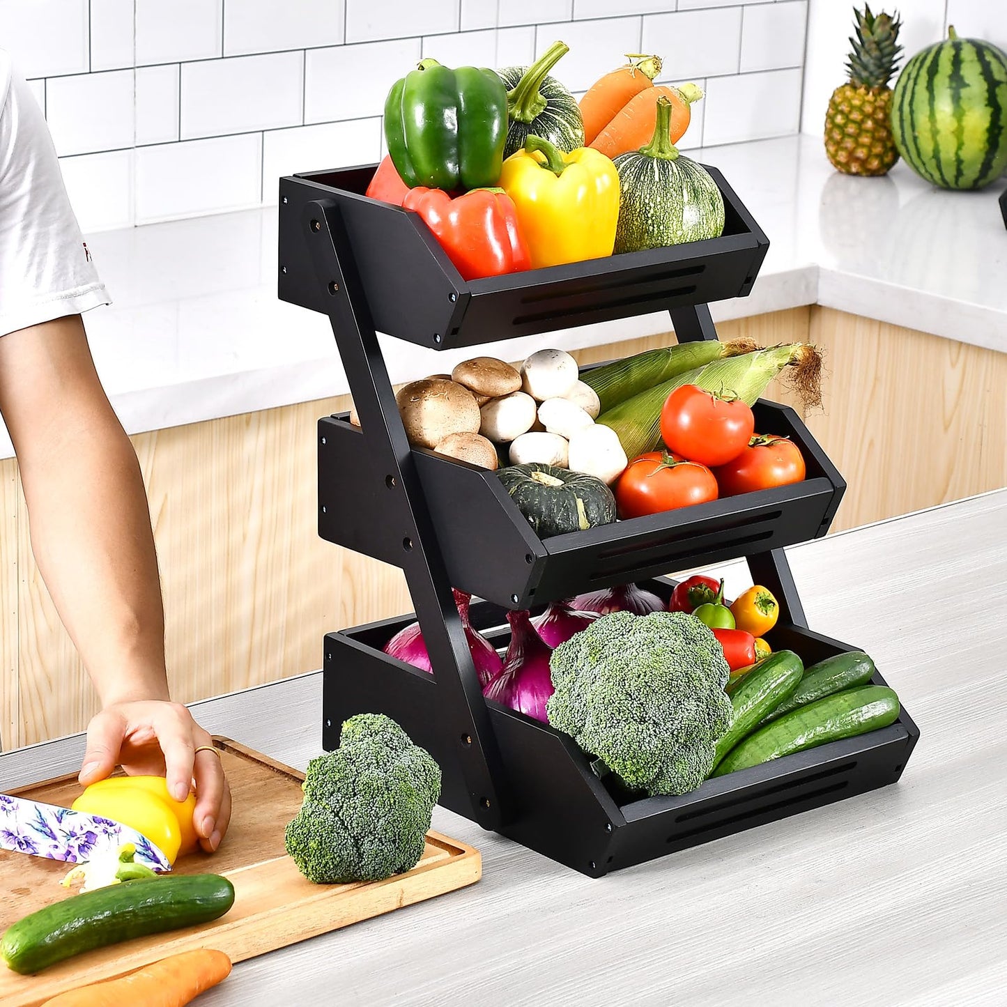 VIKEYHOME Fruit Basket, 3 Tier Bamboo Fruit Bowl for Kitchen, Fruit Vegetables Stand Storage Holder, Idea Home Kitchen Countertop Organizer