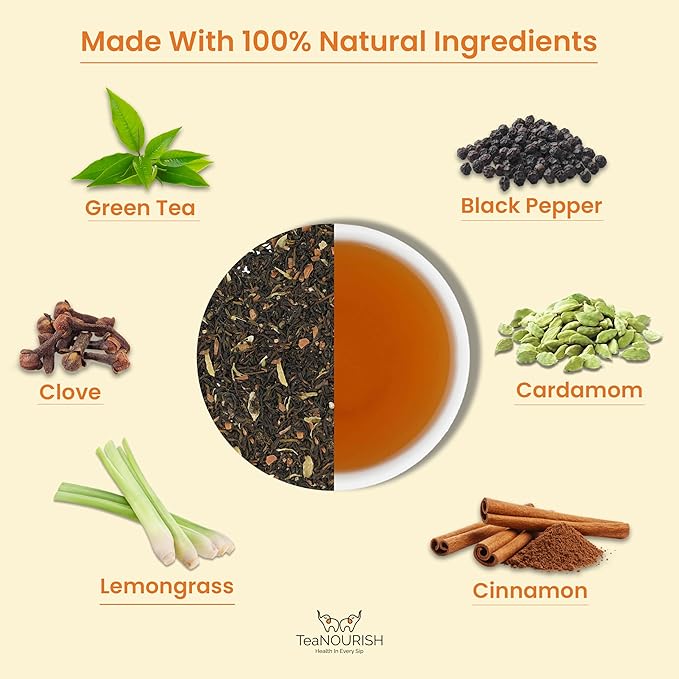 TeaNOURISH Darjeeling Masala Green Tea | Loose Leaves | Blended with Cardamom, Cinnamon, Black Pepper & Clove | 100% NATURAL | 50 Cups Hot or Iced Tea - 3.53oz/100g