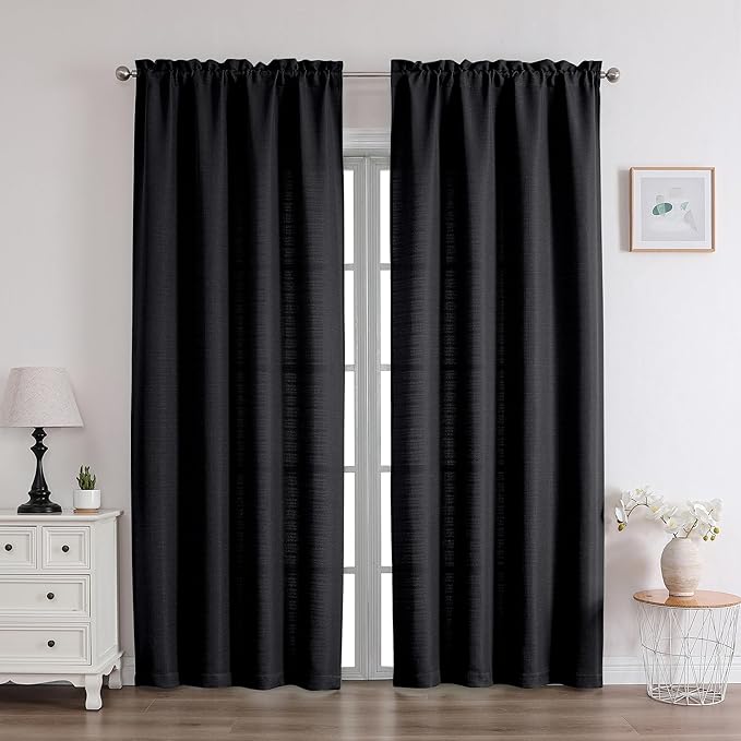 Chyhomenyc Black Curtains 72 Inch Length 2 Panels Set, Faux Linen Textured Semi Sheer Light Filtering Soft Airy Privacy Farmhouse Curtain Drapes for Living Room Bedroom, 40 Wx72 L Inches
