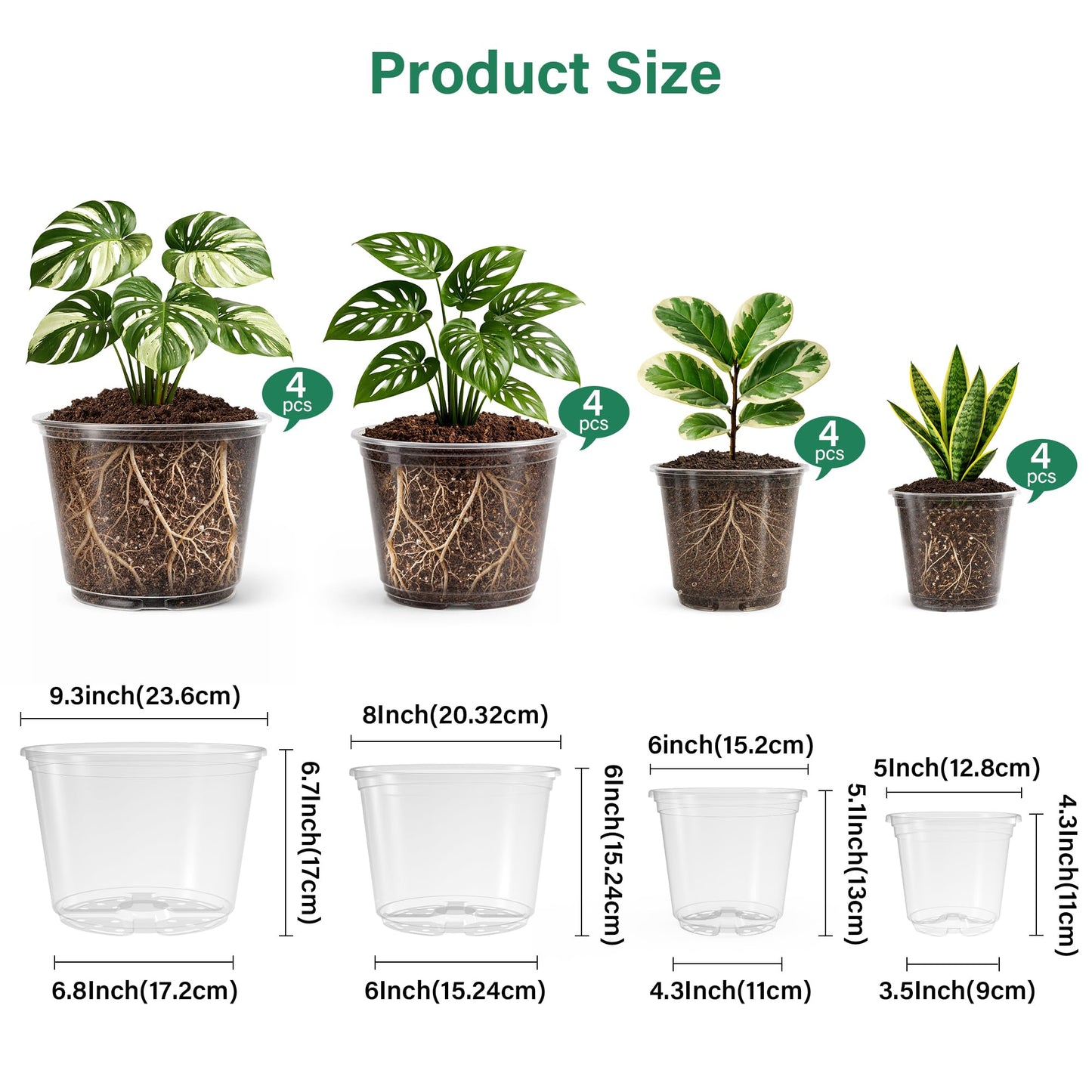 Bluepro 16 Pack 10/8/6/5 Inch Reinforced Large Clear Nursery Pots with Drainage Holes, Transparent Variety Pack Plastic Plant Pot for Vegetable Propagation, Root Cutting, Seed Starting