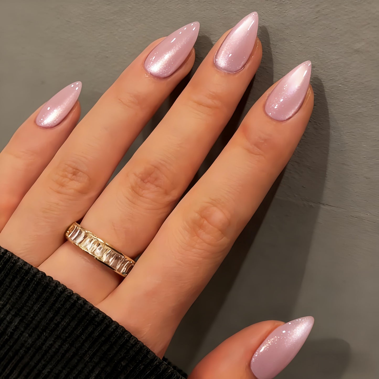 KQueenest Cat Eye Press On Nails Almond - Pastel Pale Pink Press On Nails Medium Stiletto, 30 Pcs 15 Sizes Glitter Fake Nails Press ons, Upgrade Thick Quality Bling Reflective Glue on Nail for Women